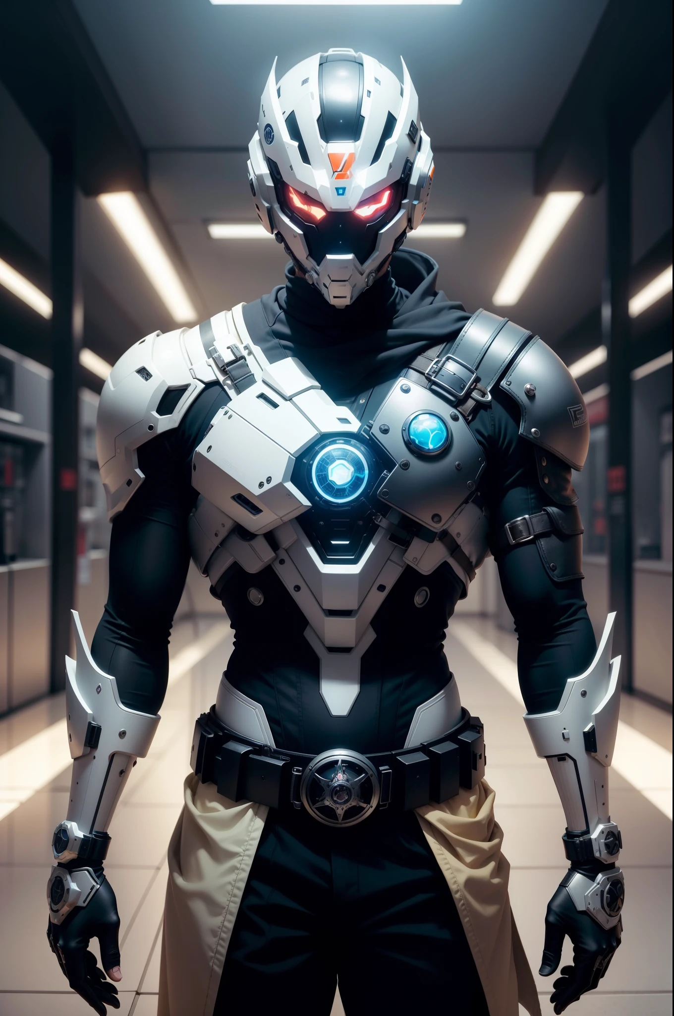 Pessoas do sexo masculino，intricada，Wear mechanical clothing，intrincado，Mechanical warrior，Tira de Obi，Complex masks，Gorgeous belt，um lindo，Complex technical exoskeleton，Capa intrincada，Complex full wrap helmet，volumetric light，humano - em forma，volumetric light，tecnologia do futuro，Corpo off-white，um lindo，Exagerado，machine，fender，Mechanical belts，The futuristic and sci-fi feel of the futuristic body，