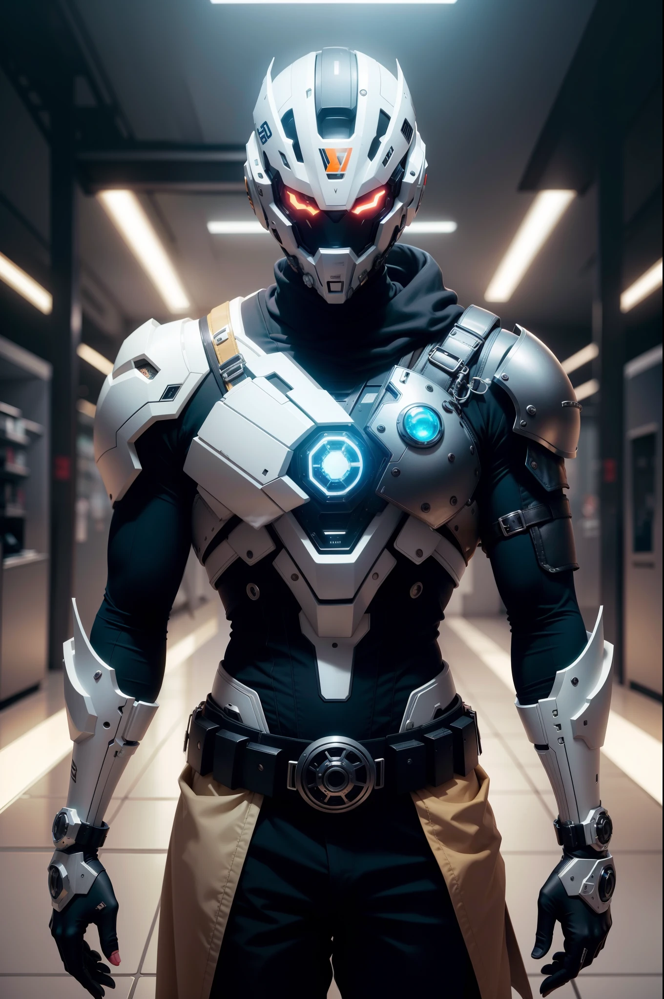 Pessoas do sexo masculino,intricada,Wear mechanical clothing,intrincado,Mechanical warrior,Tira de Obi,Complex masks,Gorgeous belt,um lindo,Complex technical exoskeleton,Capa intrincada,Complex full wrap helmet,volumetric light,humano - em forma,volumetric light,tecnologia do futuro,Corpo off-white,um lindo,Exagerado,machine,fender,Mechanical belts,The futuristic and sci-fi feel of the futuristic body,