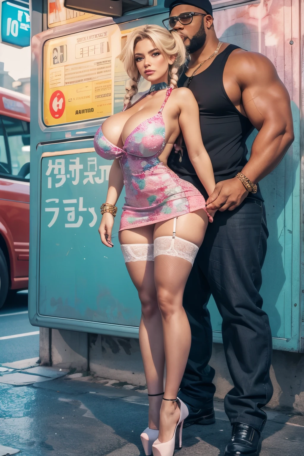 very small and dainty 40yo woman, masterpiece, (photorealistic:1.4), she hasmassive breasts, holding chalk, beautiful lighting, Woman 40yo Old Big Breasts., full body image, wearing thigh highs and very tall platform pumps, at a bus stop, huge black man standing behind the woman and grabbing her hips, she's biting her lip and looking nervously at the viewer, she has braided pigtails, lace choker, tiny see through sundress, huge lips, massive breasts, bangles, heavy makeup, bimbo aesthetic