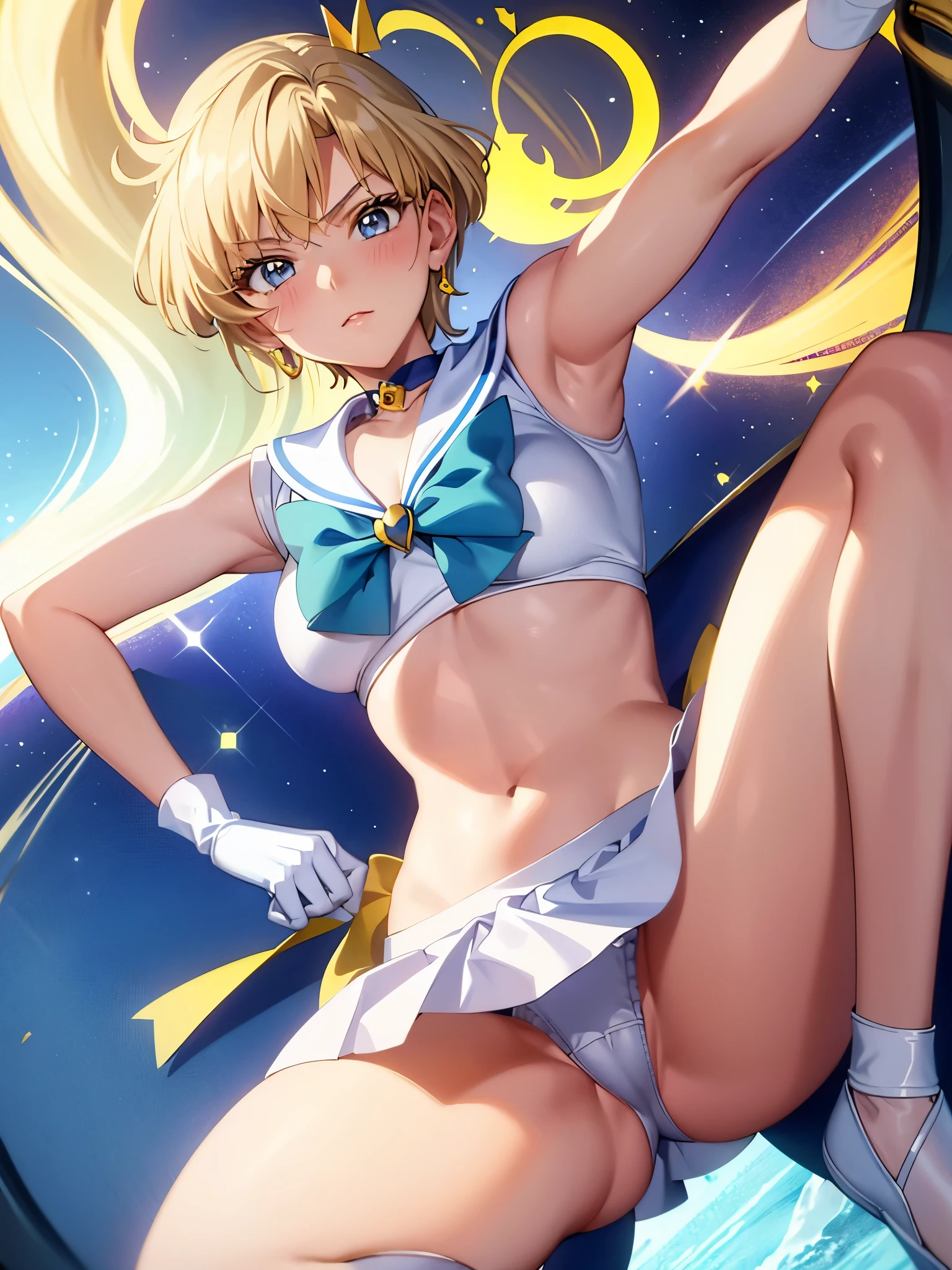 (highest quality:1.1), (masterpiece:1.4), (absurd:1.0), Portrait, Close-up,
1, sailor uranus, KizukiAi,, big and full breasts, aqua eye, blonde hair, sailor warrior uniform, sailor collar, chest bow, yellow ribbon, charming skirt, white elbow gloves, by the pool, (blush:1.2), looking at the viewer, erect nipples、show off panties、super mini skirt、dynamic pose、(Downから見る:1.2)、camel toe.between legs、belly button、spread your legs.NSFW、(Down :1.2)