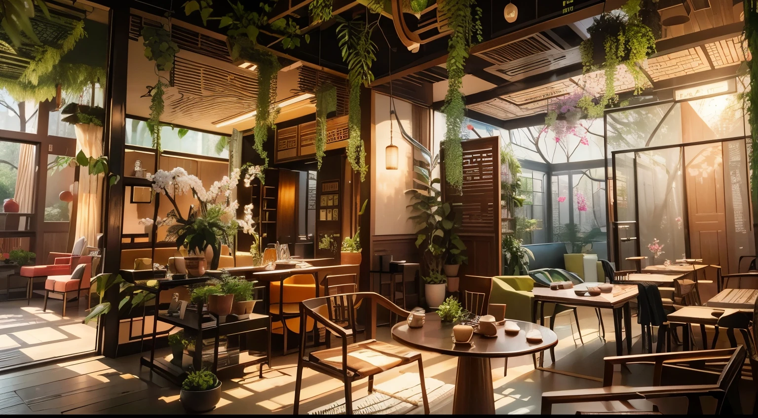 Design Chinese Dining Room Interior Rendering, (Best Quality, High Resolution), (Bright, Vibrant Colors), (Detailed, Realistic), Hanging Flowers and Plants, Transparent Glass Walls, Open Greenery Around the Dining Room Table, ((Chinese Furniture)), (Chinese Furniture), Natural Light, Sunlight, Dead Tree Trunks, Foliage, Flower Arrangements, Warm Tones reminiscent of the diagonal tracking style of V-Ray, Ultra High Definition. Extreme Detail, 3D Rendering, OC Rendering, Best Quality, 4K, Hyper Detection, Unreal Engine 5, Octane Rendering