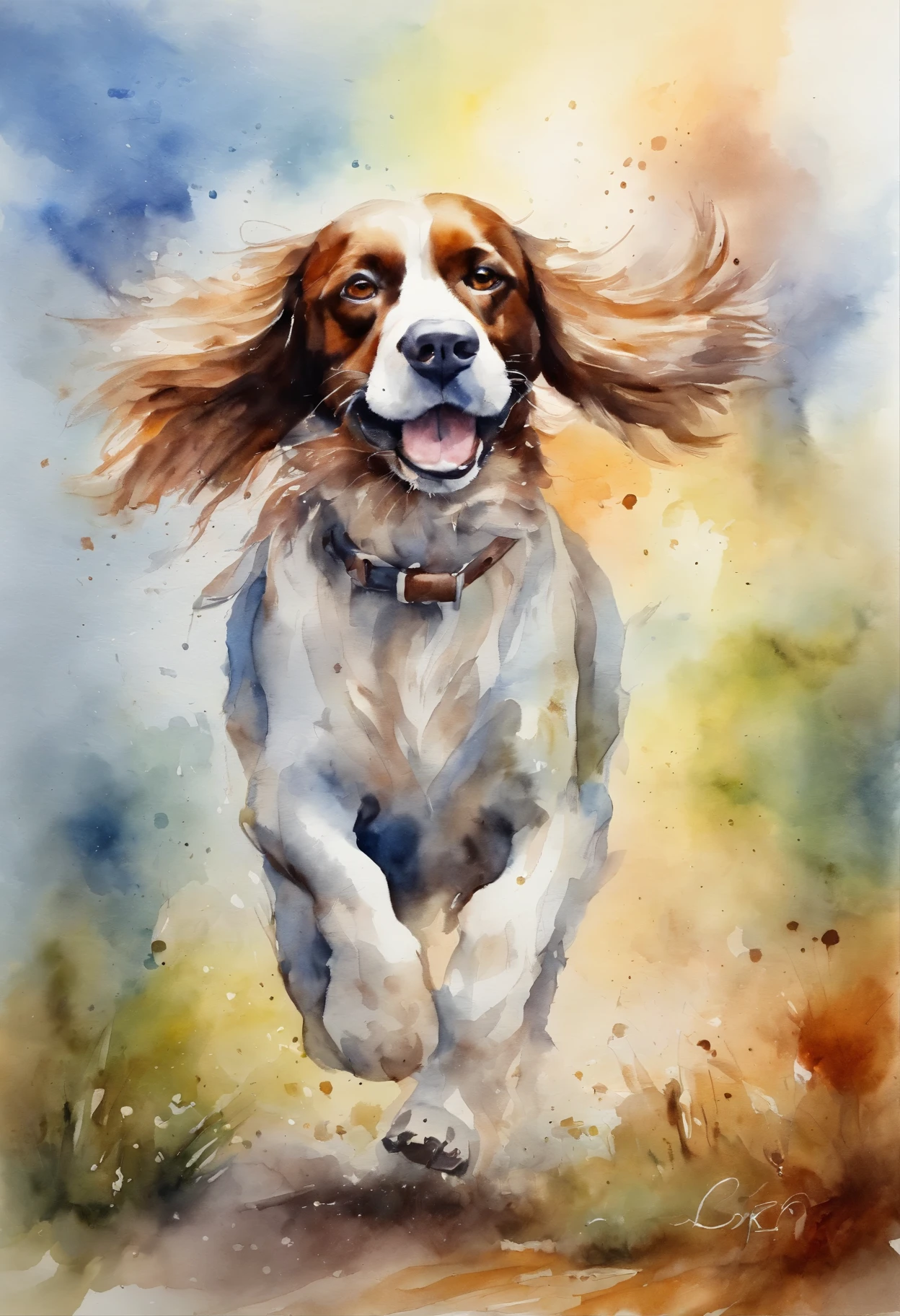 Ellie, dog breed спрингер spaniel, Sun, Vesna, March, clouds, running, Rainbow, spray, clouds