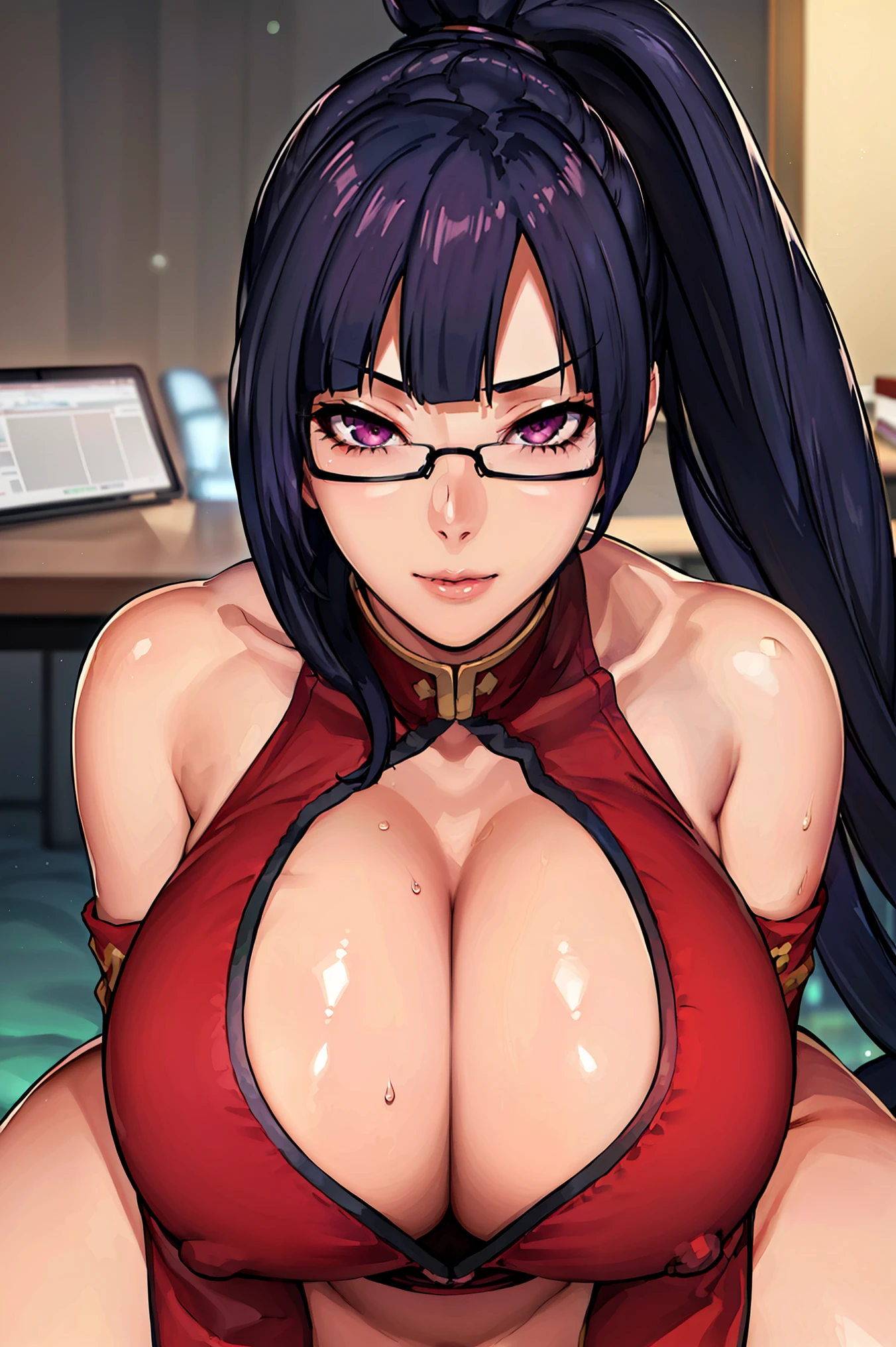 very tempting pose, using laptop, (at office room), (office room background), Red dress, chinese clothes, cleavage cutout, clothing cutout, bare shoulders, semi-rimless eyewear, black hair, very long hair, ponytail,Bangs,purple eyes, 1 girl, 20yo,Young female,Beautiful Finger,Beautiful long legs,Beautiful body, Beautiful Nose,Beautiful character design, perfect eyes, perfect face,expressive eyes, perfect balance, looking at viewer,(Focus on her face), official art,extremely detailed CG unity 8k wallpaper, perfect lighting,Colorful, Bright_Front_face_Lighting,White skin, (masterpiece:1.0),(best_quality:1.0), ultra high res,4K,ultra-detailed, photography, 8K, HDR, highres, absurdres:1.2, Kodak portra 400, film grain, blurry background, bokeh:1.2, lens flare, (vibrant_color:1.2),professional photograph, (Beautiful,huge_Breasts:1.4), (beautiful_face:1.5),(narrow_waist)
