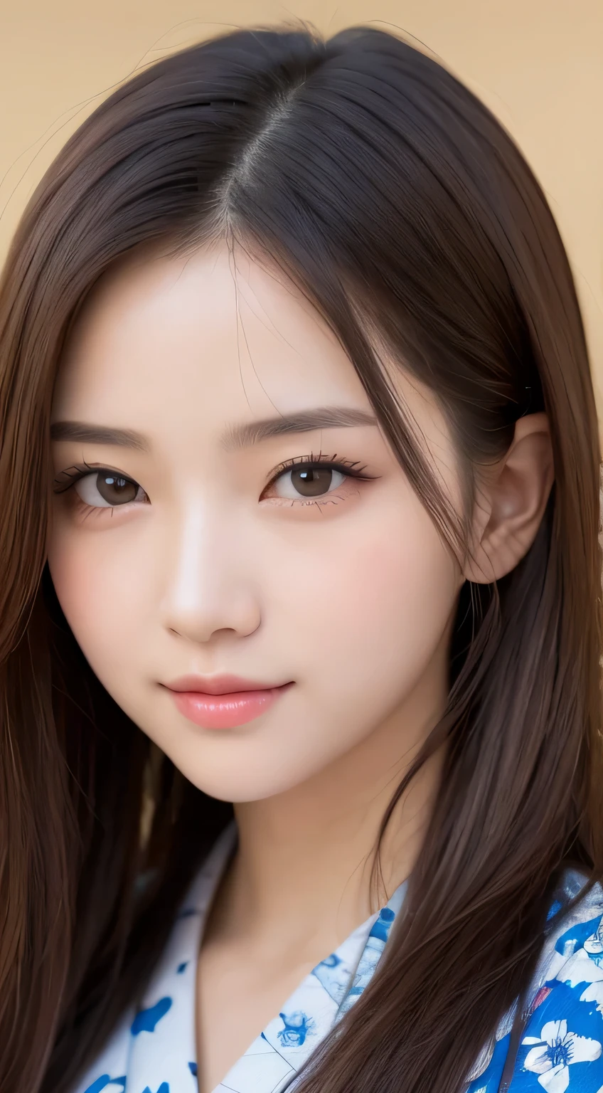 table top, highest quality, shape, Super detailed, finely, High resolution, 16k, perfect dynamic composition, straight hair, medium hair, brown hair,natural color lip, smile, 20歳のgirl、cute、beautiful、完璧でbeautiful顔, beautiful and detailed face, slim face and body, Elegant face, KPOP idol face、Japanese idol faces、small face、Big eyes, brown eyes, droopy eyes, 緻密でbeautiful目, girl, near the river、yukata、  front face、Upper body