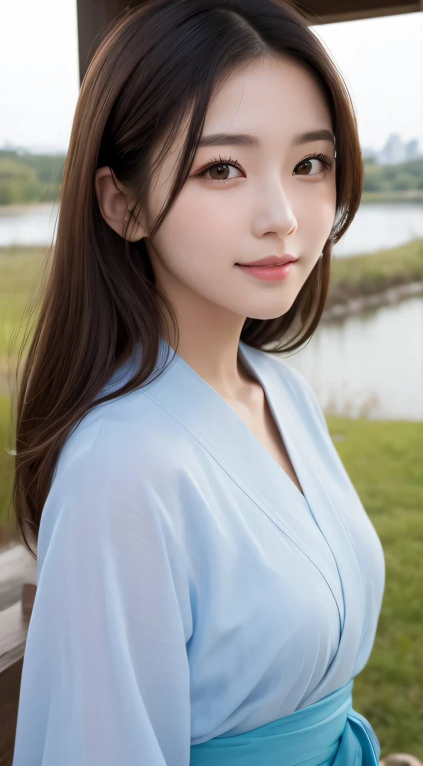 table top, highest quality, shape, Super detailed, finely, High resolution, 16k, perfect dynamic composition, straight hair, medium hair, brown hair,natural color lip, smile, 20歳のgirl、cute、beautiful、完璧でbeautiful顔, beautiful and detailed face, slim face and body, Elegant face, KPOP idol face、Japanese idol faces、small face、Big eyes, brown eyes, droopy eyes, 緻密でbeautiful目, girl, near the river、yukata、  front face、Upper body