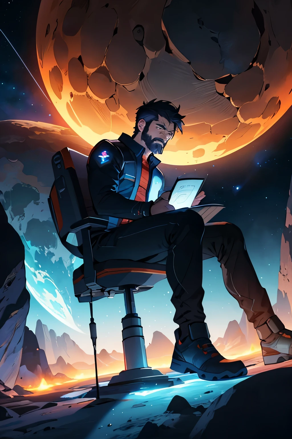 Draw a young programmer, sitting on a research platform floating in the middle of an asteroid belt. He is studying with a notebook, surrounded by several asteroids glowing with fiery auras. Dramatic lighting from distant stars and planets illuminates the scene, casting deep shadows on the suit. The young man looks confident and determined, looking at the vast and mysterious universe with wonder and respect,facial hair, cowboy shot,