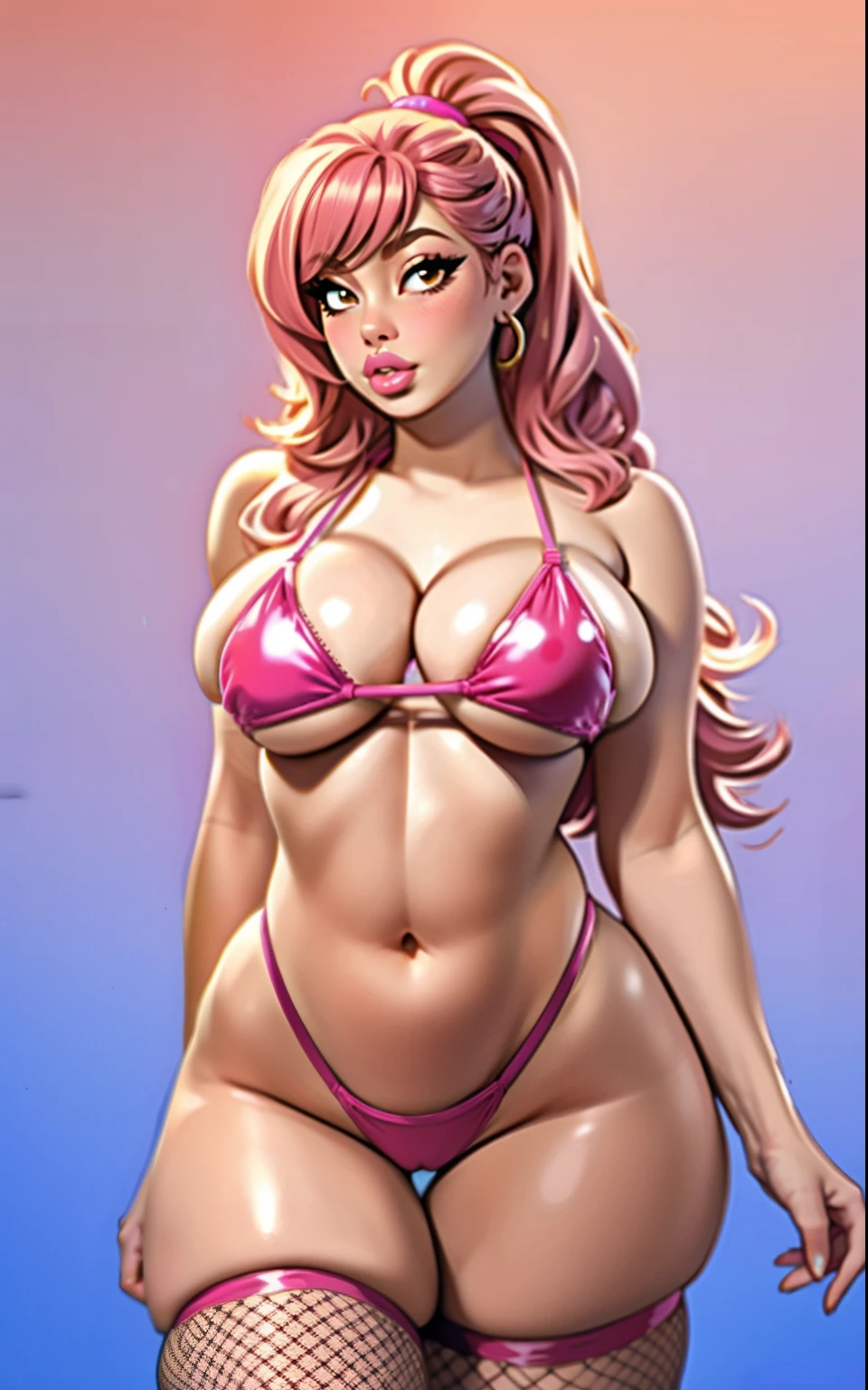 this woman but a bit thicker, fit, thick fit, curvy, big pouty pink lips, slightly more realistic, fishnets, massive breasts spilling out of tiny bikini, tiny g-string,