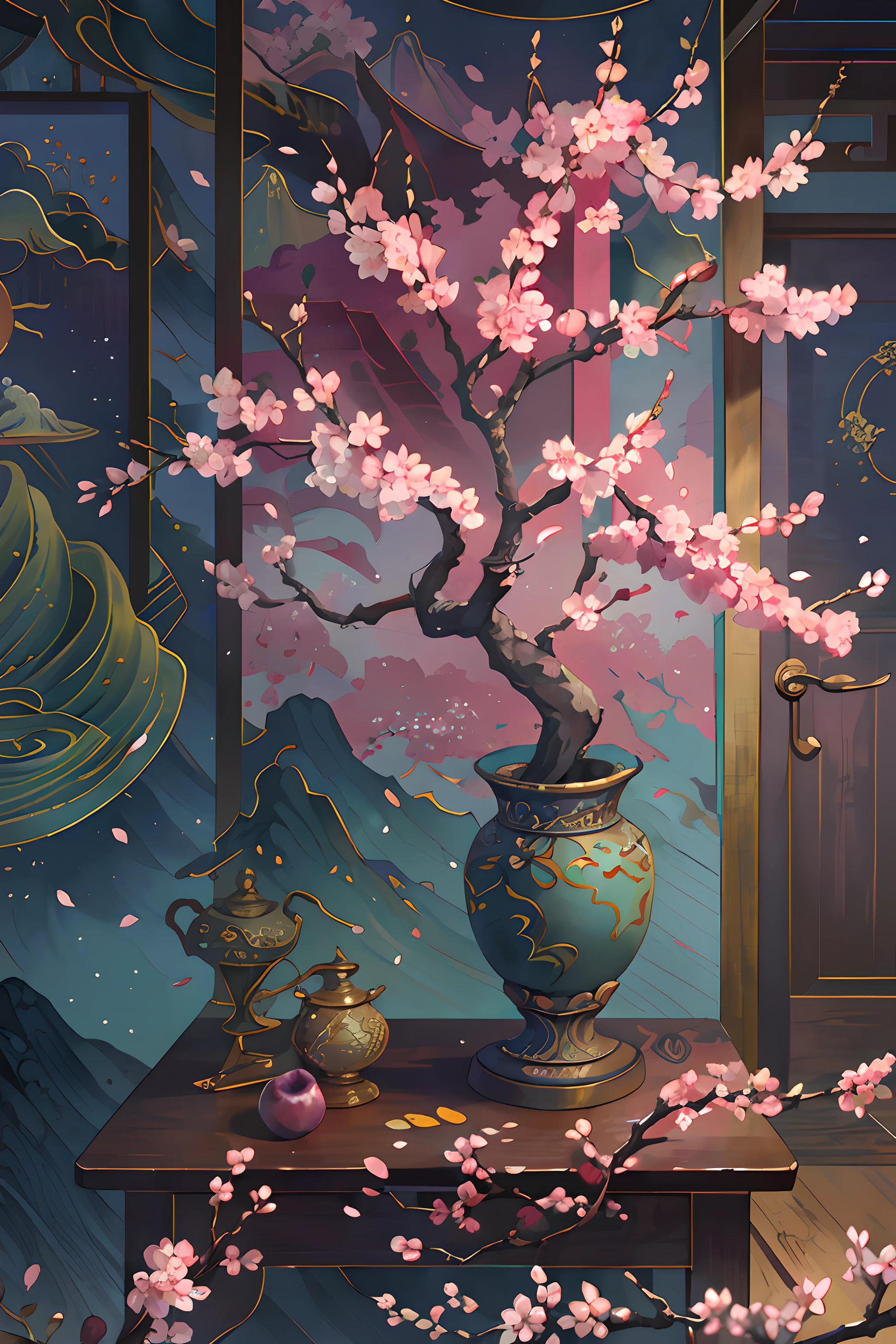 The original，（revelation：1.1），（best quality），（masterpiece：1.1），（Extremely detailed CG Unity 8K wallpapers），（a color：1.2），Plum Blossom God，wax tree，Plum petals，landscape，Rios|purely，