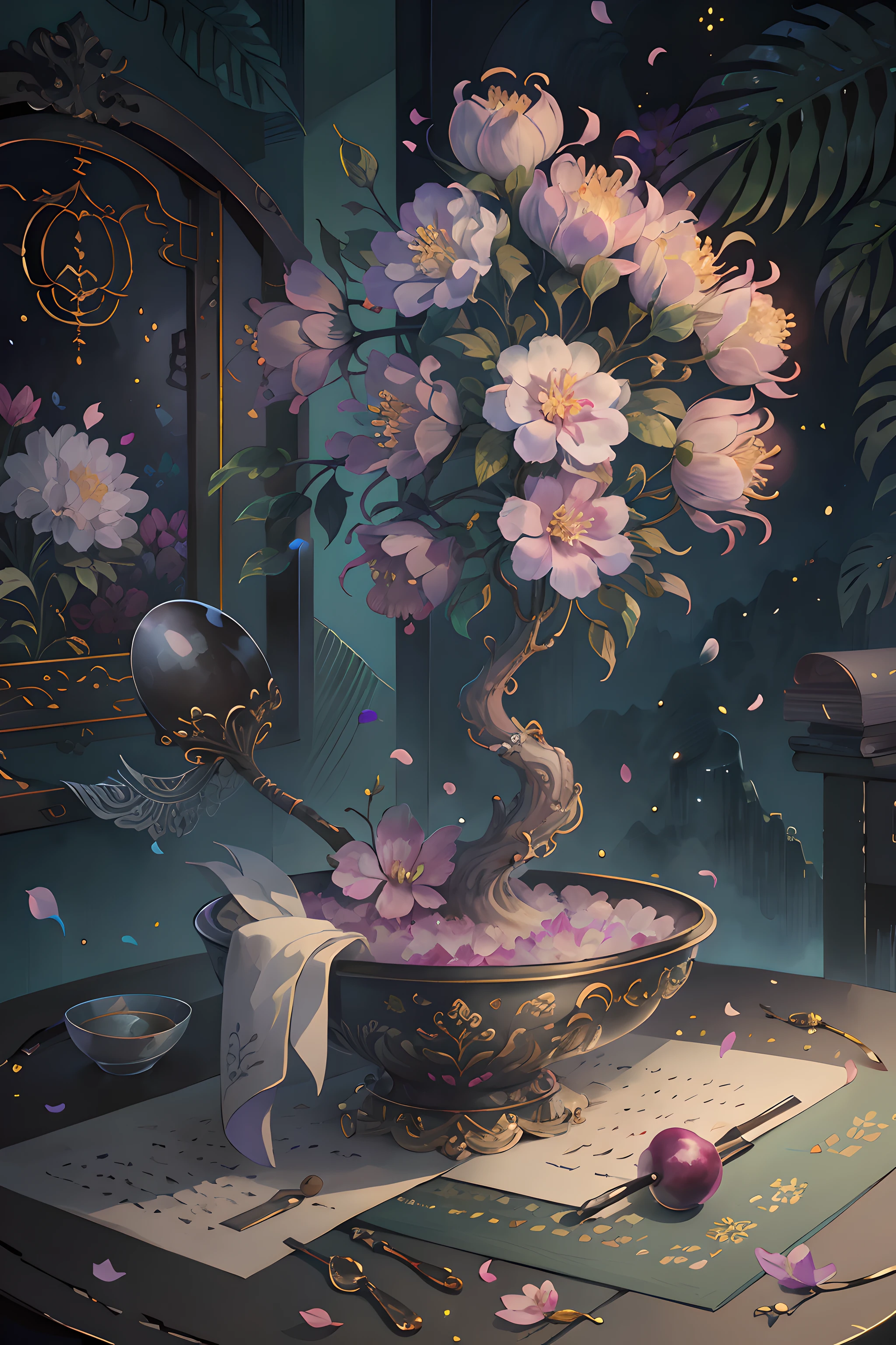 The original,(revelation:1.1),(best quality),(masterpiece:1.1),(Extremely detailed CG Unity 8K wallpapers),(a color:1.2),wax tree,Plum petals,landscape,Rios|purely,