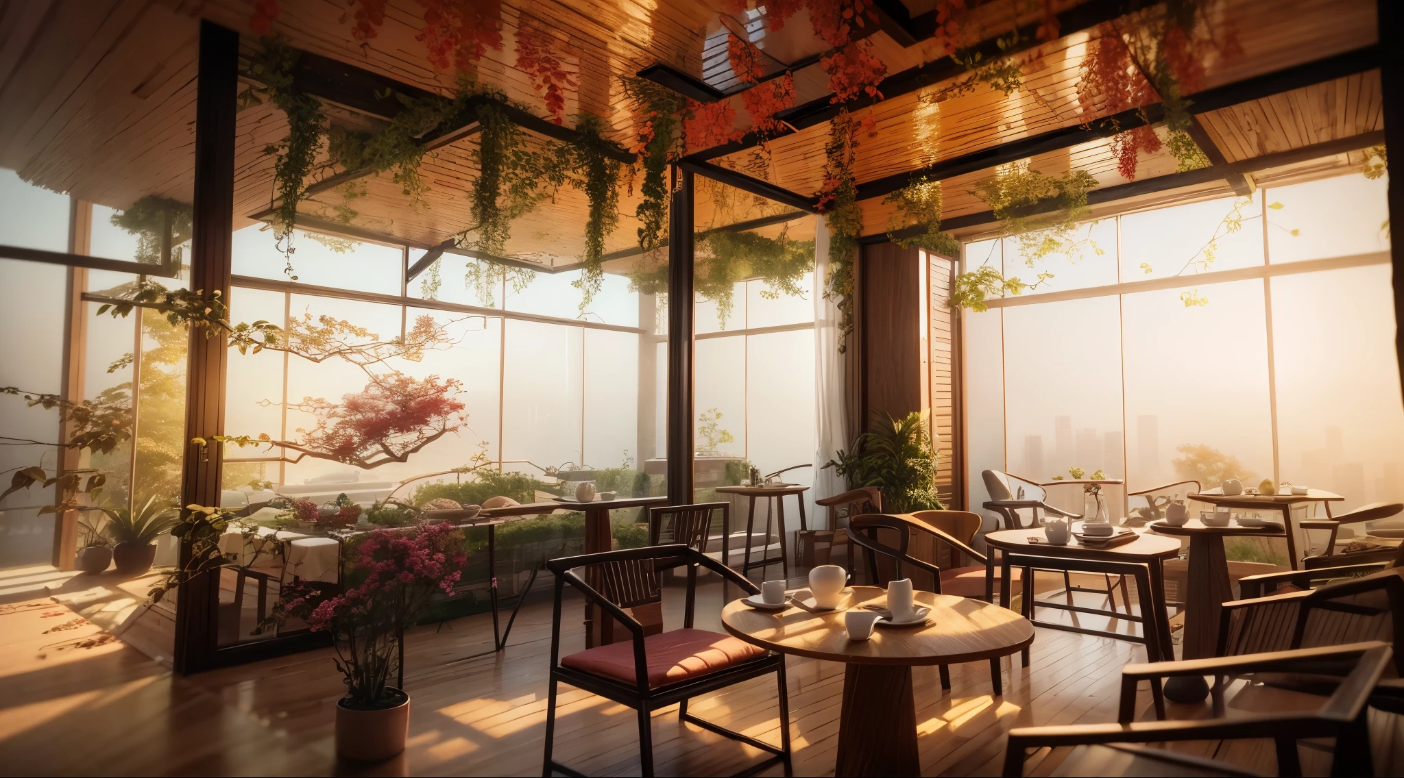 Design Chinese Dining Room Interior Rendering, (Best Quality, High Resolution), (Bright, Vibrant Colors), (Detailed, Realistic), Hanging Flowers and Plants, Transparent Glass Walls, Open Greenery Around the Dining Room Table, ((Chinese Furniture)), (Chinese Furniture), Natural Light, Sunlight, Dead Tree Trunks, Foliage, Flower Arrangements, Warm Tones reminiscent of the diagonal tracking style of V-Ray, Ultra High Definition. Extreme Detail, 3D Rendering, OC Rendering, Best Quality, 4K, Hyper Detection, Unreal Engine 5, Octane Rendering