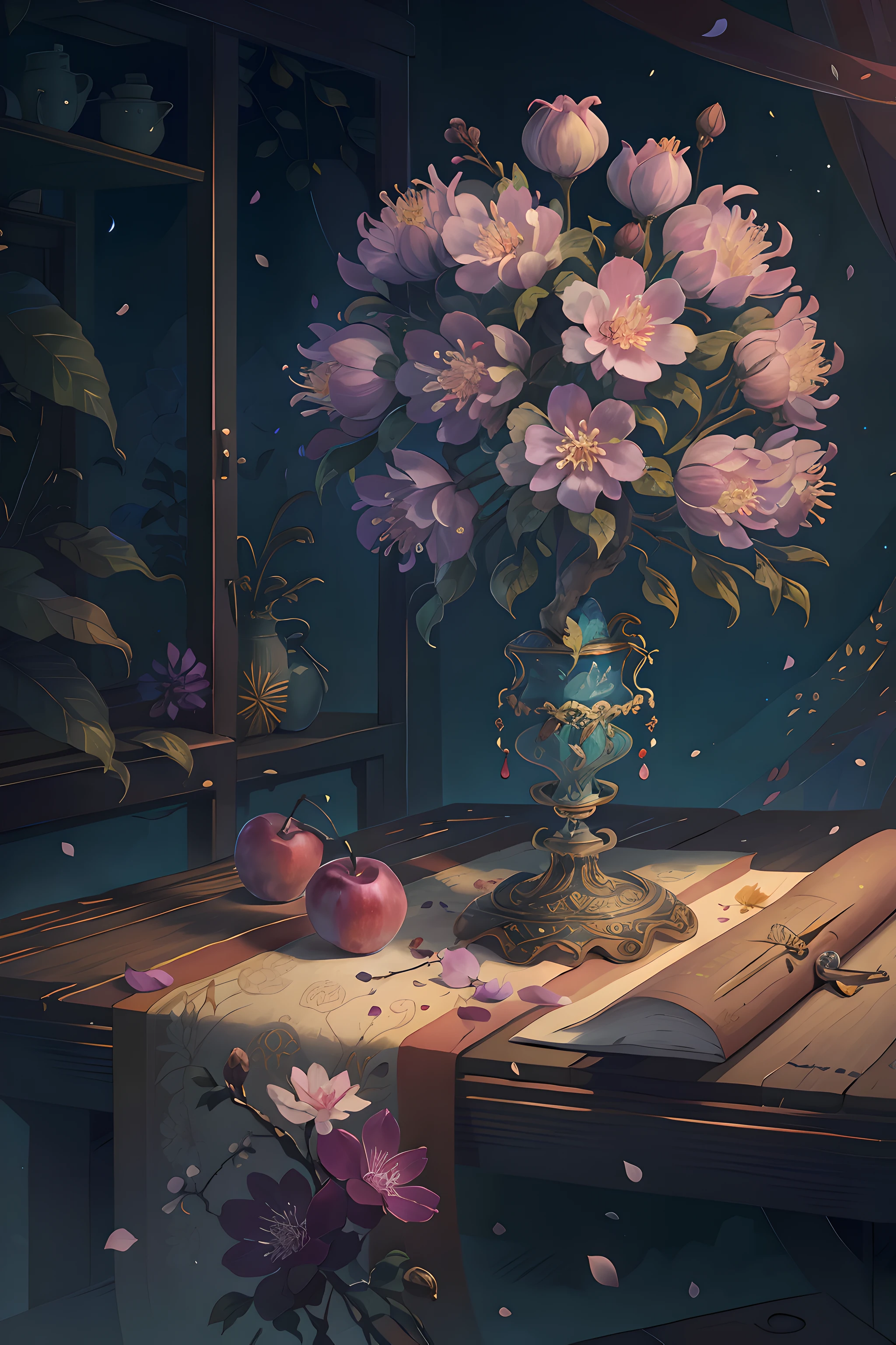The original,(revelation:1.1),(best quality),(masterpiece:1.1),(Extremely detailed CG Unity 8K wallpapers),(a color:1.2),wax tree,Plum petals,landscape,Rios|purely,