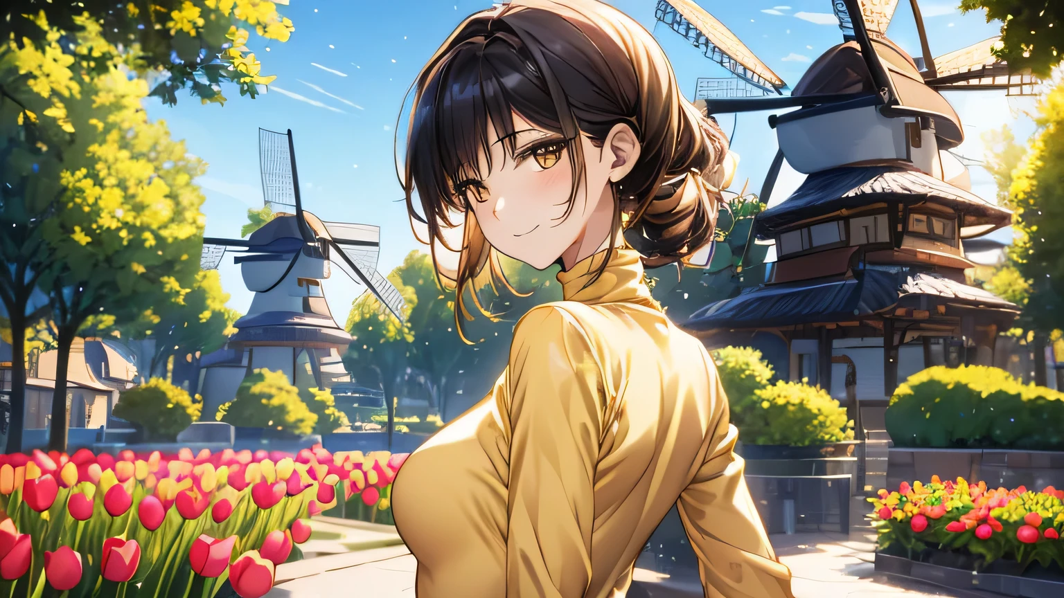 1 female、28 years old、Adult and realistic face、long face、beautiful hair, shortcut、dark and beautiful big slanted eyes, Are you okay、A big smile full of softness、small bust、Street in a park with windmills and tulips in the Netherlands、1 femaleで歩いている、The screen shows her from the chest up..、Slim and slender body shape、Rear view、yellow long sleeve turtleneck、the viewer sees her from behind、She stares at the viewer、