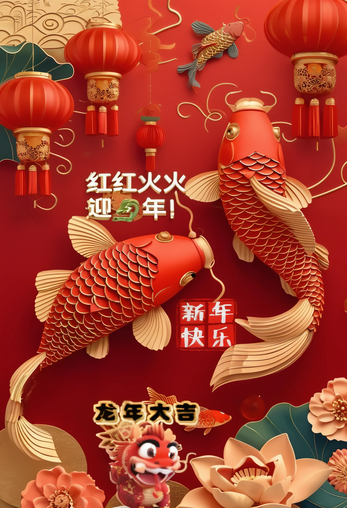 Close-up of red and gold fish with Chinese lanterns, Chinese style, Chinese New Year in Shanghai, Inspiration from Grandfather Hua, Hungry Ghost Festival, traditional chinese, Red Lantern, Inspired by Joe Pusing, Inspired by Zhou Yikui, Trending on cgstation, Seng Lam style art, By Khule Lei, Caisukun Paper cut art style, red background , realistic style