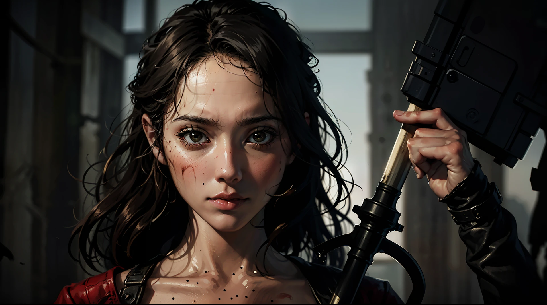 In the gloomy darkness, A woman holds a blood-stained razor in her trembling hands. (best quality, ultra-detalhado), horror, retrato, foco nítido, dramatic lighting, atmosfera intensa, tons de cor escura.
