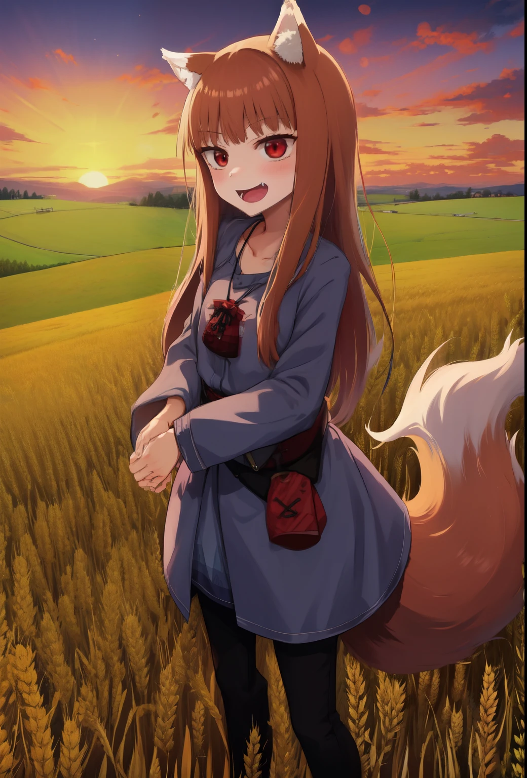 score_9, best quality, masterpiece, uncensored, source_anime
BREAK
1girl, solo, standing, holo \(spice and wolf\), wolf girl, wolf tail, wolf ears, wheat field, detailed background, evening
