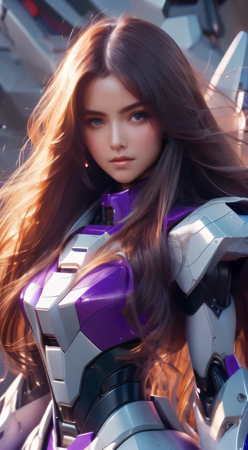 Textured skin, Super Detail, high details, High quality, Best Quality, hight resolution, 1080p, Gorgeous beauty、Girl with Beautiful Mecha Body、(Gundam) Girl with robot body, very very long long hair rapunzel, sit down, Full body, purple.