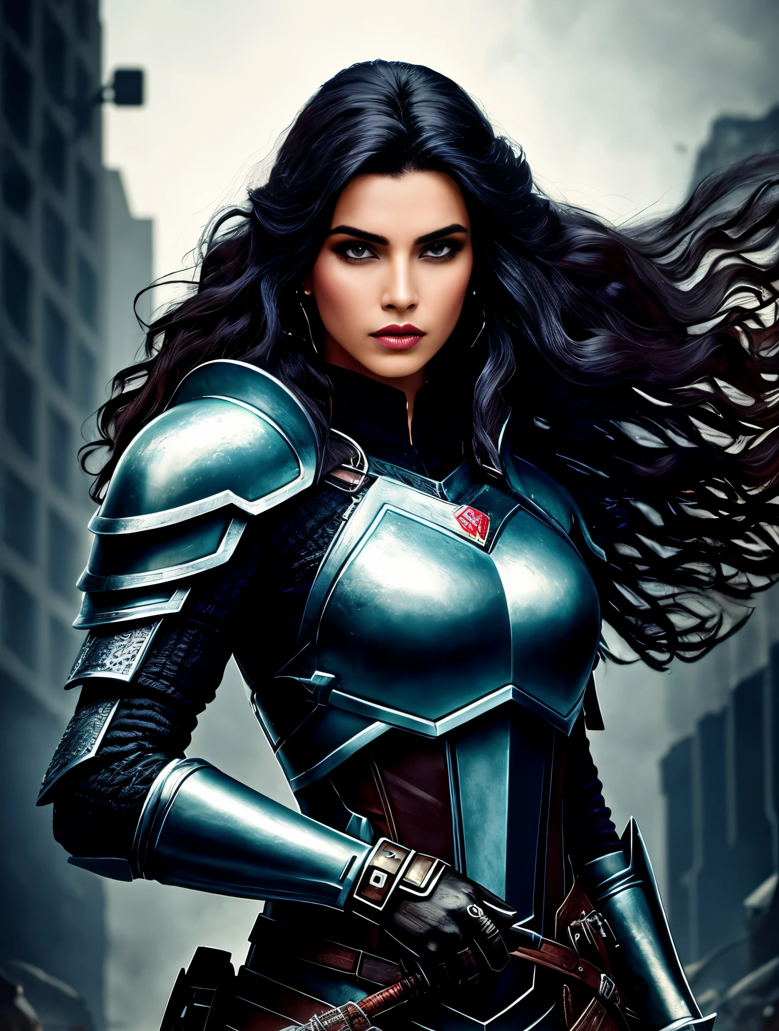 uma linda mulher guerreira ciborgue no estilo-RustMagic, Aumento Cyberpunk, Ciberware, ciborgue, Fibra de carbono, cromada, implantes, metal skull, Cybernetic plate armor, (atmosfera escura:1.2), (mist & smoke), (noite escura:1.3), Cicatrizeedium length shaggy dark hair:1.1), (sombra:1.1), (brilho lindamente detalhado:1.2), (Cinematic lighting), detalhe intrincado, high resolution, olhos arredondados, detailed facial features, sharp focus, Suave, aesthetics, Dark industrial factory detailed background, pose elegante, dynamic posture, (dramatic painting), (opt-6000:0.9)