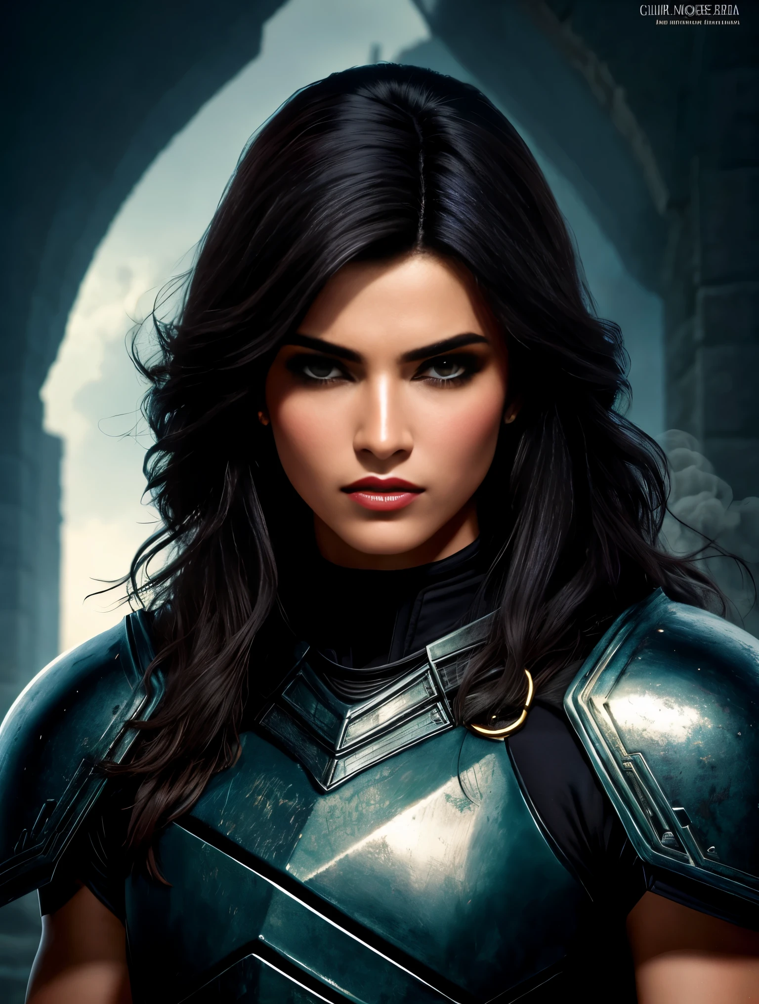 uma linda mulher guerreira ciborgue no estilo-RustMagic, Aumento Cyberpunk, Ciberware, ciborgue, Fibra de carbono, cromada, implantes, metal skull, Cybernetic plate armor, (atmosfera escura:1.2), (mist & smoke), (noite escura:1.3), Cicatrizeedium length shaggy dark hair:1.1), (sombra:1.1), (brilho lindamente detalhado:1.2), (Cinematic lighting), detalhe intrincado, high resolution, olhos arredondados, detailed facial features, sharp focus, Suave, aesthetics, Dark industrial factory detailed background, pose elegante, dynamic posture, (dramatic painting), (opt-6000:0.9)