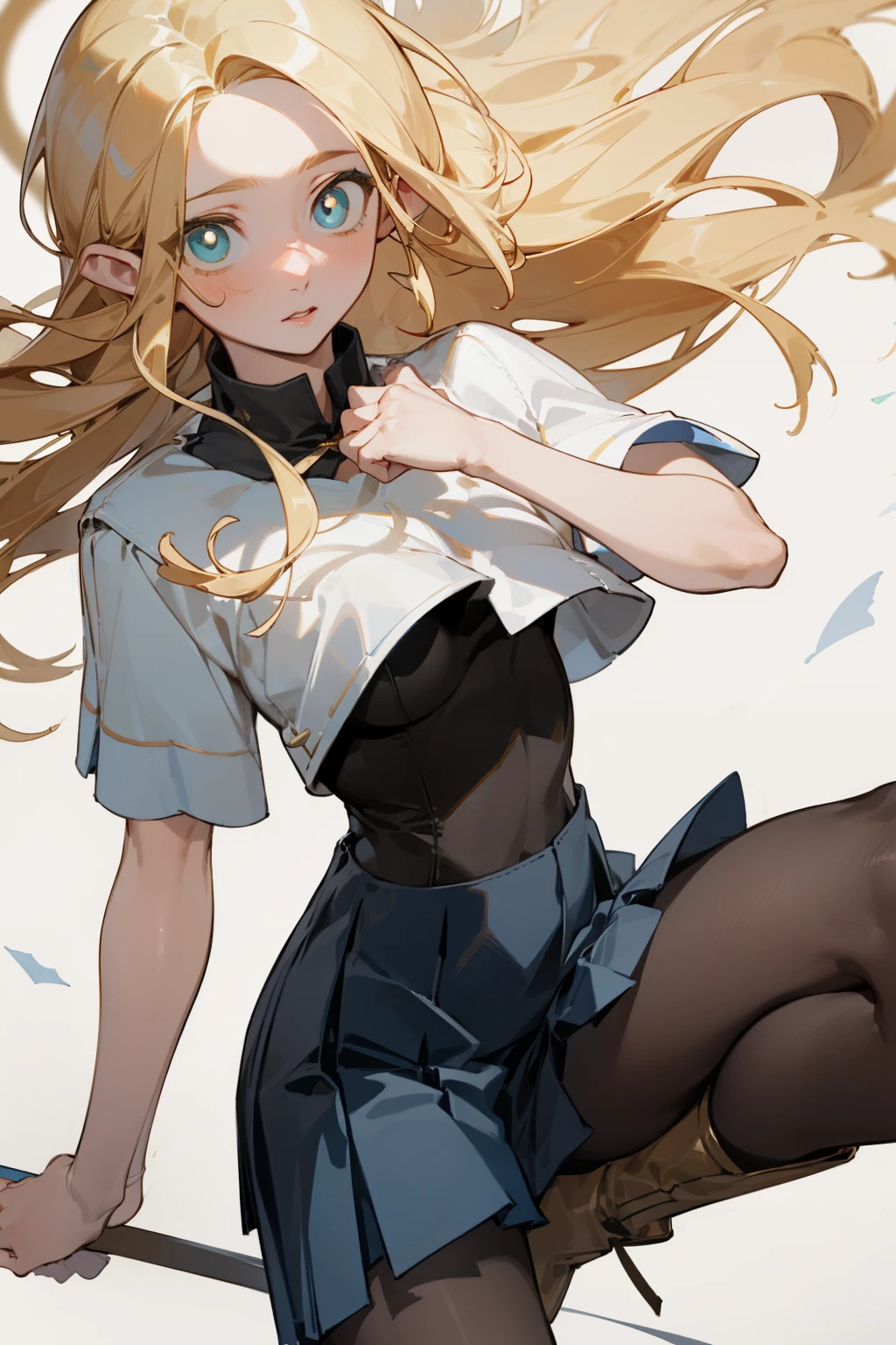 pantyhose,pleated skirt,white top,boots, fashion clothing,long golden hair, bust and waist,beautiful blonde,(masterpiece),((best quality)),(super detailed),(beautiful eyes beautiful details eyes,Clean and delicate face)