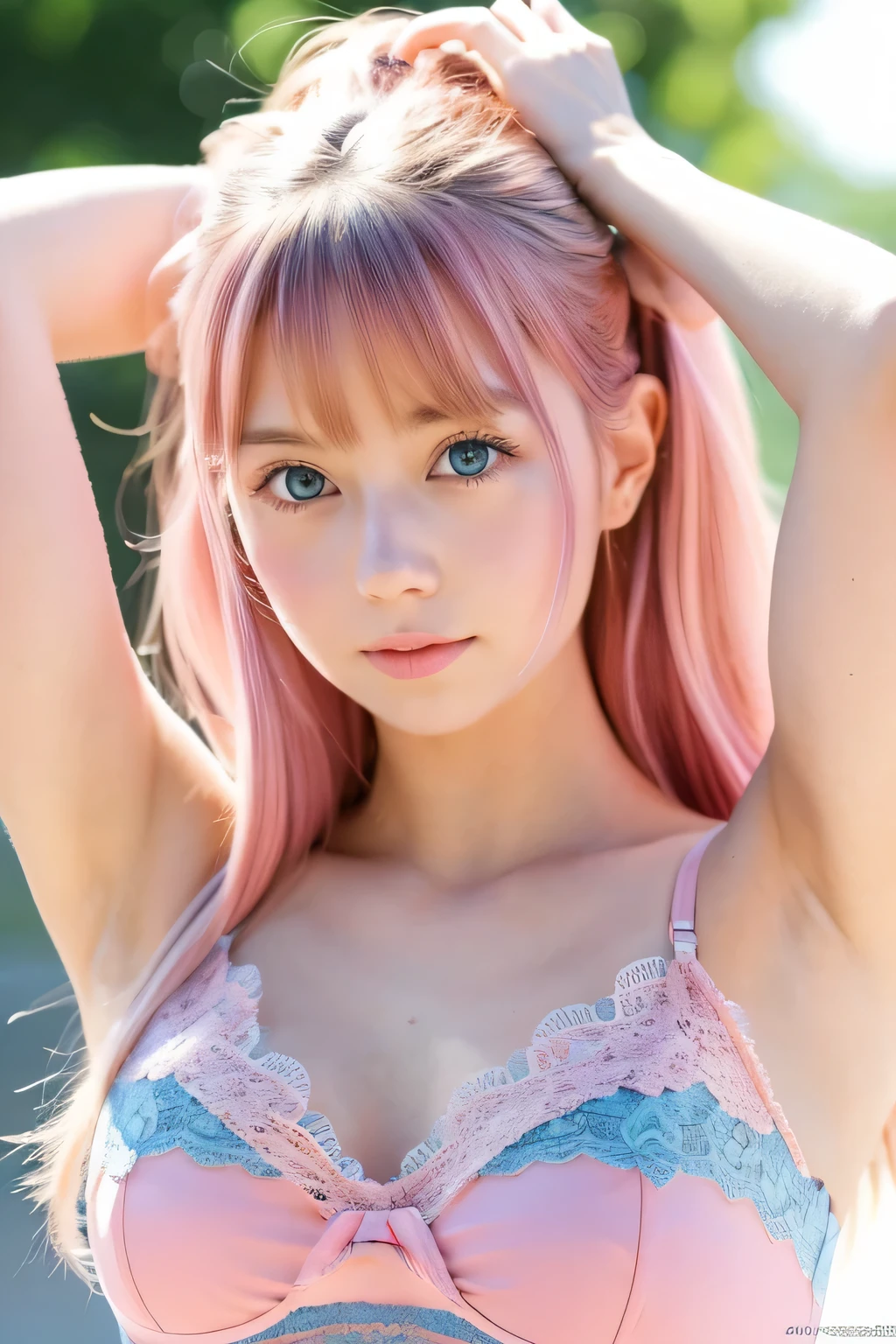 young woman,Make your face precise,Pose that shows off your armpits,(Pose that shows off your armpits),pink hair,blue eyes,cute japanese woman,(Kogal),lace queen,body suit,8k wallpaper, Super detailed, beautiful, masterpiece, highest quality, realistic