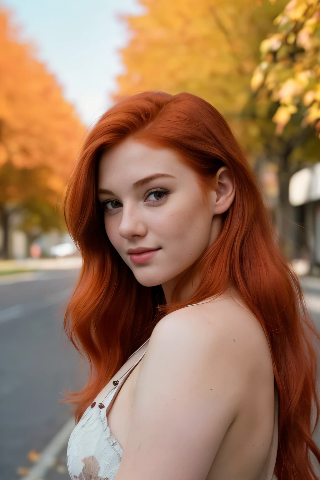 (a closeup of a, Editorial photo of a 21-year-old red-haired woman), (Highly detailed face:1.4) (Smile:0.7) (The background inside is autumn, The street is sunny, private study:1.3) ass pov, Nikon D850, film stock photograph ,4 Kodak Portra 400 ,camera f1.6 lens ,saturated colors ,hyper realistic ,lifelike texture, dramatic lighting , Cinestill 800,