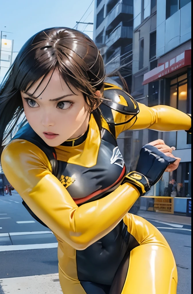 highest quality、Special effects、Sentai Hero 1:5、Woman with semi-long black hair、clear eyes、sentai hero suit(yellow)1:5、body turned sideways、fighting pose、The background is a building at night