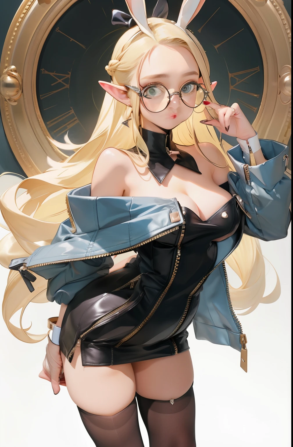 (masterpiece, best quality) detailed,  silver accessories , zipper unzipped , blond ,elegant,  pointed ears ，Off the shoulders，Black over-the-knee stockings，round frame glasses，Big ，edgBunny，bunny girl