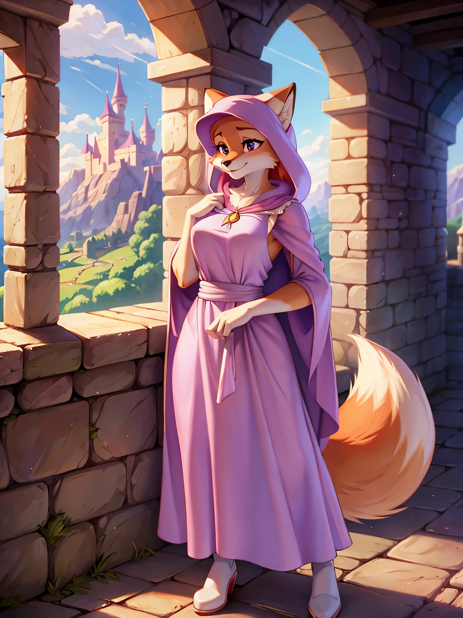 Maid Marian, maid Marian from robin hood Disney, red fox, female fox, using white hood, anthro, furry, solo female, full body, solo, in the castle, hd, beautiful 