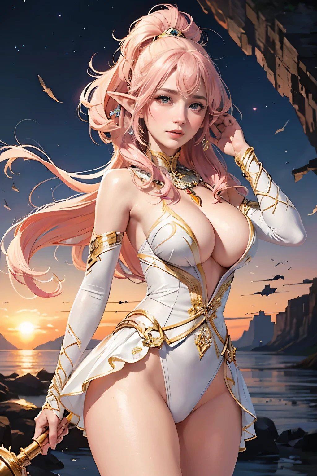 (official art, unity 8k wallpaper, ultra detailed, beautiful and aesthetic, High quality, beautiful, masterpiece, best quality:1.3), (beautiful face, beautiful eyes, skinny skin, oily skin:1.3), (cowboy shot, face focus, close-up face:1.5), (octane render, photorealistic, hyperrealistic:1.5), sunlight, (shiny), (clothes reflecting light), (lens flare), (bloom effect), light particle, (dynamic angle, dynamic pose:1.3), masterpiece, extremely magnificent view, extremely best quality, extremely detailed CG, high resolution, 16k wallpaper, perspective, highly detailed face, highly detailed eyes, perfect anatomy, super detailed skin, (dynamic angle, dynamic pose:1.3), (blowing wind, flowing a hair:1.3), (inside cave background:1.3), (official art:1.5), Cute dwarf girl with elf ears, pink hair with very long messy hair, crystal hair ornament, Big eyes with tareme, sparkling brown eyes, pointy ears, with thighs, Brown poncho, White atelier, crystal accessories, cute smile, holding hammer, inside cave,