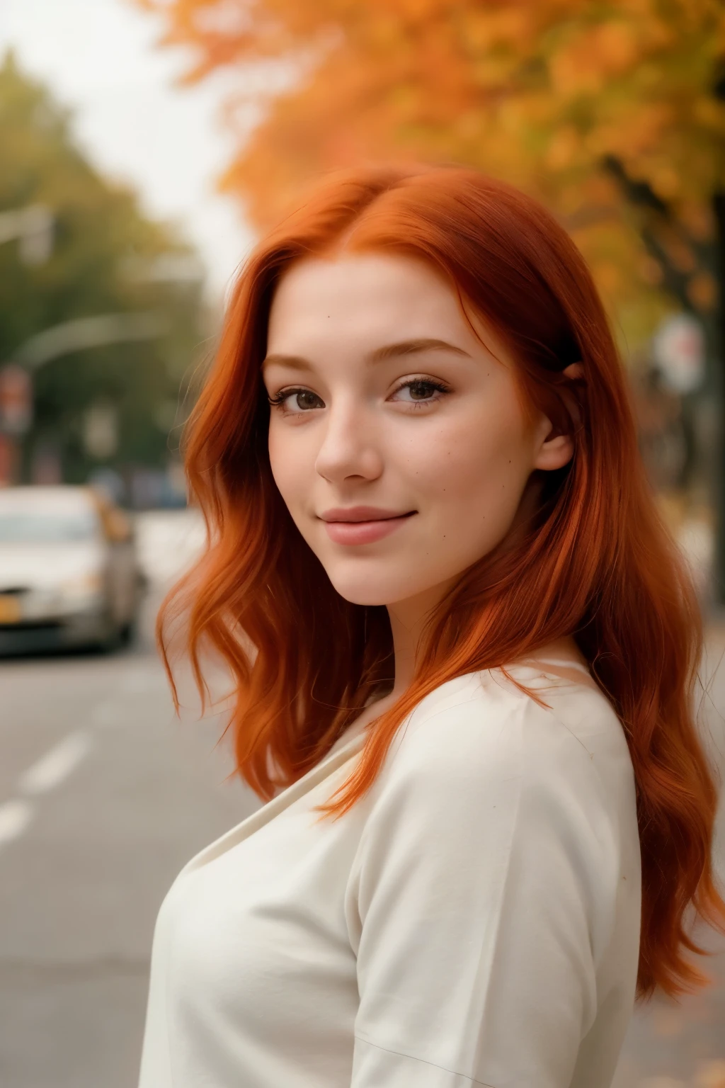 (a closeup of a, Editorial photo of a 21-year-old red-haired woman), (Highly detailed face:1.4) (Smile:0.7) (The background inside is autumn, The street is sunny, private study:1.3) ass pov, Nikon D850, film stock photograph ,4 Kodak Portra 400 ,camera f1.6 lens ,saturated colors ,hyper realistic ,lifelike texture, dramatic lighting , Cinestill 800,