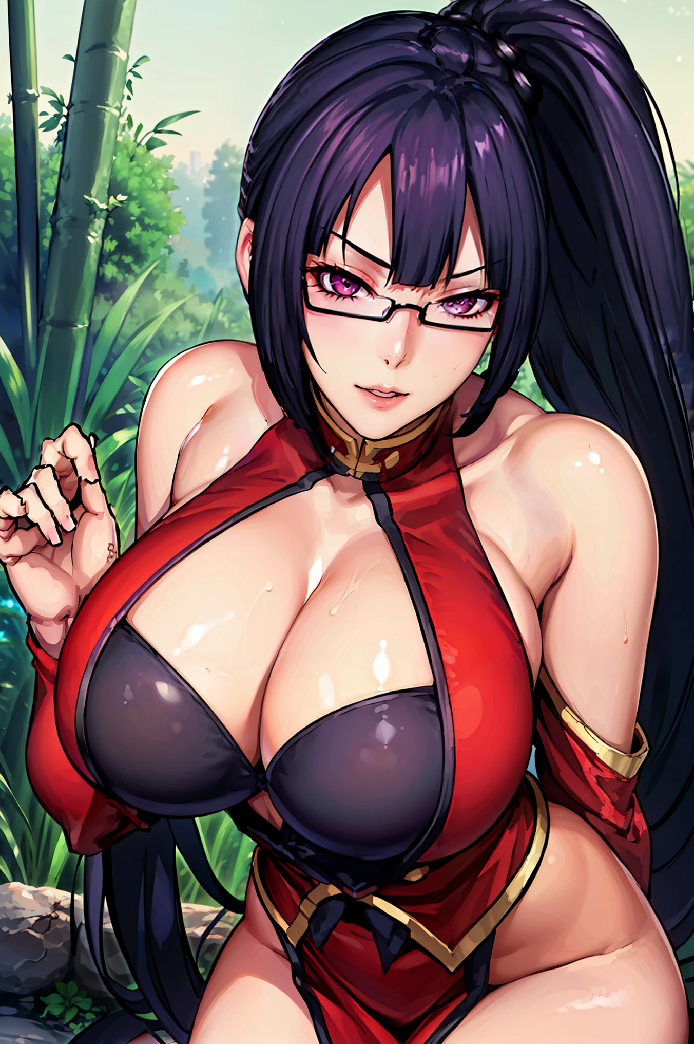 very tempting pose, very sexy pose, (at jungle), (jungle background), Red dress, chinese clothes, cleavage cutout, clothing cutout, bare shoulders, semi-rimless eyewear, black hair, very long hair, ponytail,Bangs,purple eyes, 1 girl, 20yo,Young female,Beautiful Finger,Beautiful long legs,Beautiful body, Beautiful Nose,Beautiful character design, perfect eyes, perfect face,expressive eyes, perfect balance, looking at viewer,(Focus on her face), official art,extremely detailed CG unity 8k wallpaper, perfect lighting,Colorful, Bright_Front_face_Lighting,White skin, (masterpiece:1.0),(best_quality:1.0), ultra high res,4K,ultra-detailed, photography, 8K, HDR, highres, absurdres:1.2, Kodak portra 400, film grain, blurry background, bokeh:1.2, lens flare, (vibrant_color:1.2),professional photograph, (Beautiful,huge_Breasts:1.4), (beautiful_face:1.5),(narrow_waist)