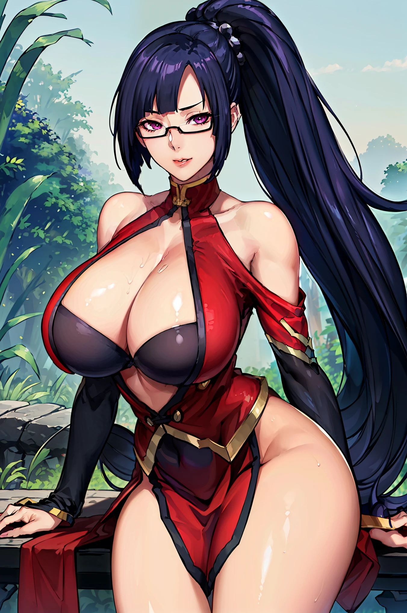 very tempting pose, very sexy pose, (at jungle), (jungle background), Red dress, chinese clothes, cleavage cutout, clothing cutout, bare shoulders, semi-rimless eyewear, black hair, very long hair, ponytail,Bangs,purple eyes, 1 girl, 20yo,Young female,Beautiful Finger,Beautiful long legs,Beautiful body, Beautiful Nose,Beautiful character design, perfect eyes, perfect face,expressive eyes, perfect balance, looking at viewer,(Focus on her face), official art,extremely detailed CG unity 8k wallpaper, perfect lighting,Colorful, Bright_Front_face_Lighting,White skin, (masterpiece:1.0),(best_quality:1.0), ultra high res,4K,ultra-detailed, photography, 8K, HDR, highres, absurdres:1.2, Kodak portra 400, film grain, blurry background, bokeh:1.2, lens flare, (vibrant_color:1.2),professional photograph, (Beautiful,huge_Breasts:1.4), (beautiful_face:1.5),(narrow_waist)