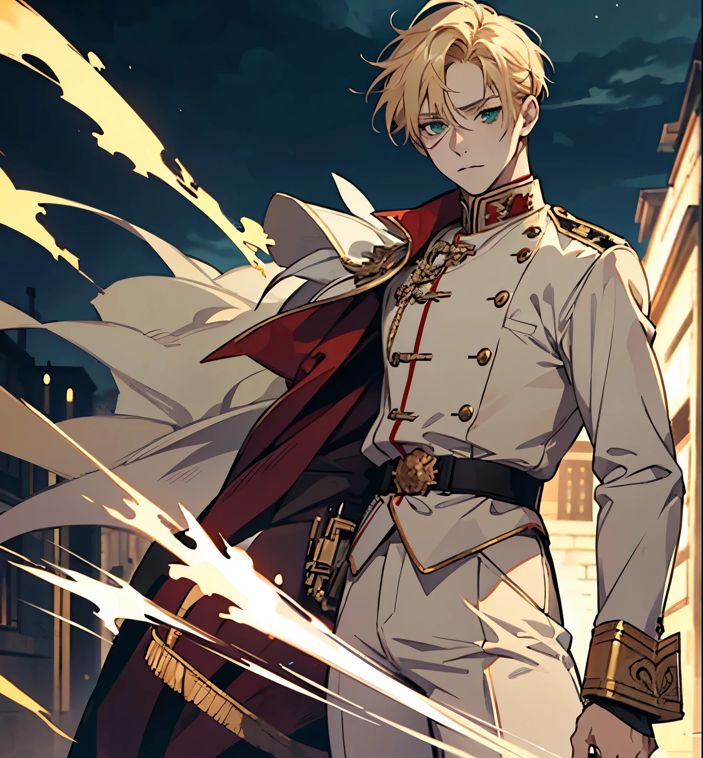Blonde hair, full body, male detailed anime character solider with white and red uniform short blonde hair, (SCAR ON FACE) detailed 16 year old, ultra realistic anime no emotions, Intimidating intelligent full body, GREEN EYES background dark empty location at night Victorian era inspiration 