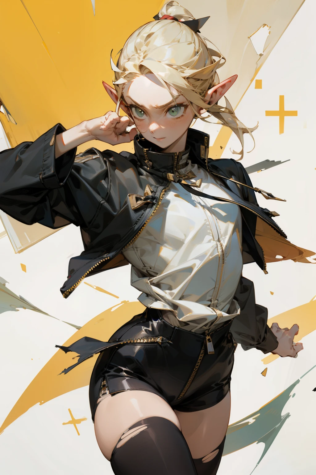 (masterpiece, best quality) detailed, Wearing black tights, silver accessories , zipper unzipped , blonde ,elegant, pointed ears ,Chinese element pattern,thigh,漏出thigh,white shirt,torn clothes