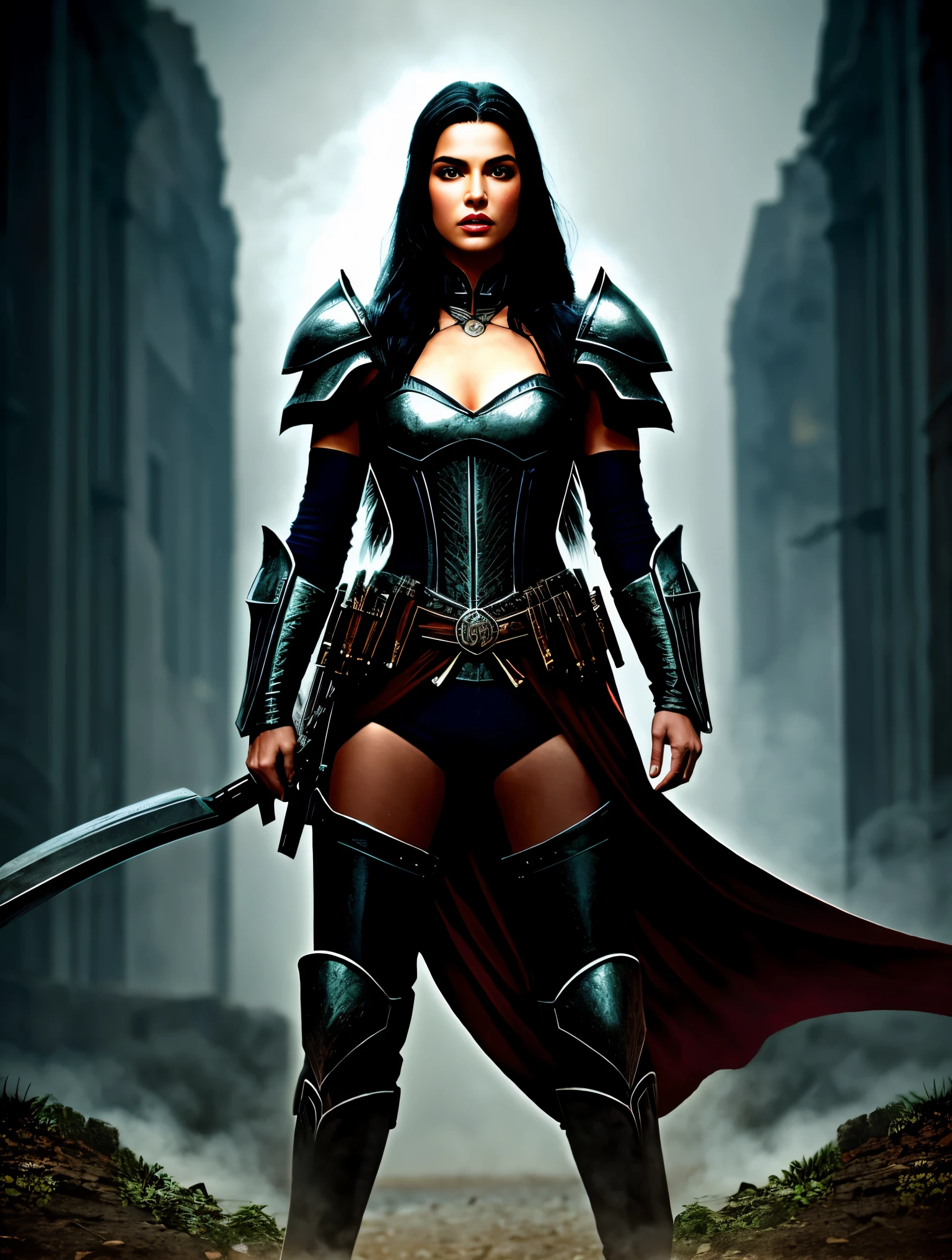 uma linda mulher guerreira ciborgue no estilo-RustMagic, Aumento Cyberpunk, Ciberware, ciborgue, Fibra de carbono, cromada, implantes, metal skull, Cybernetic plate armor, (atmosfera escura:1.2), (mist & smoke), (noite escura:1.3), Cicatrizeedium length shaggy dark hair:1.1), (sombra:1.1), (brilho lindamente detalhado:1.2), (Cinematic lighting), detalhe intrincado, high resolution, olhos arredondados, detailed facial features, sharp focus, Suave, aesthetics, Dark industrial factory detailed background, pose elegante, dynamic posture, (dramatic painting), (opt-6000:0.9)