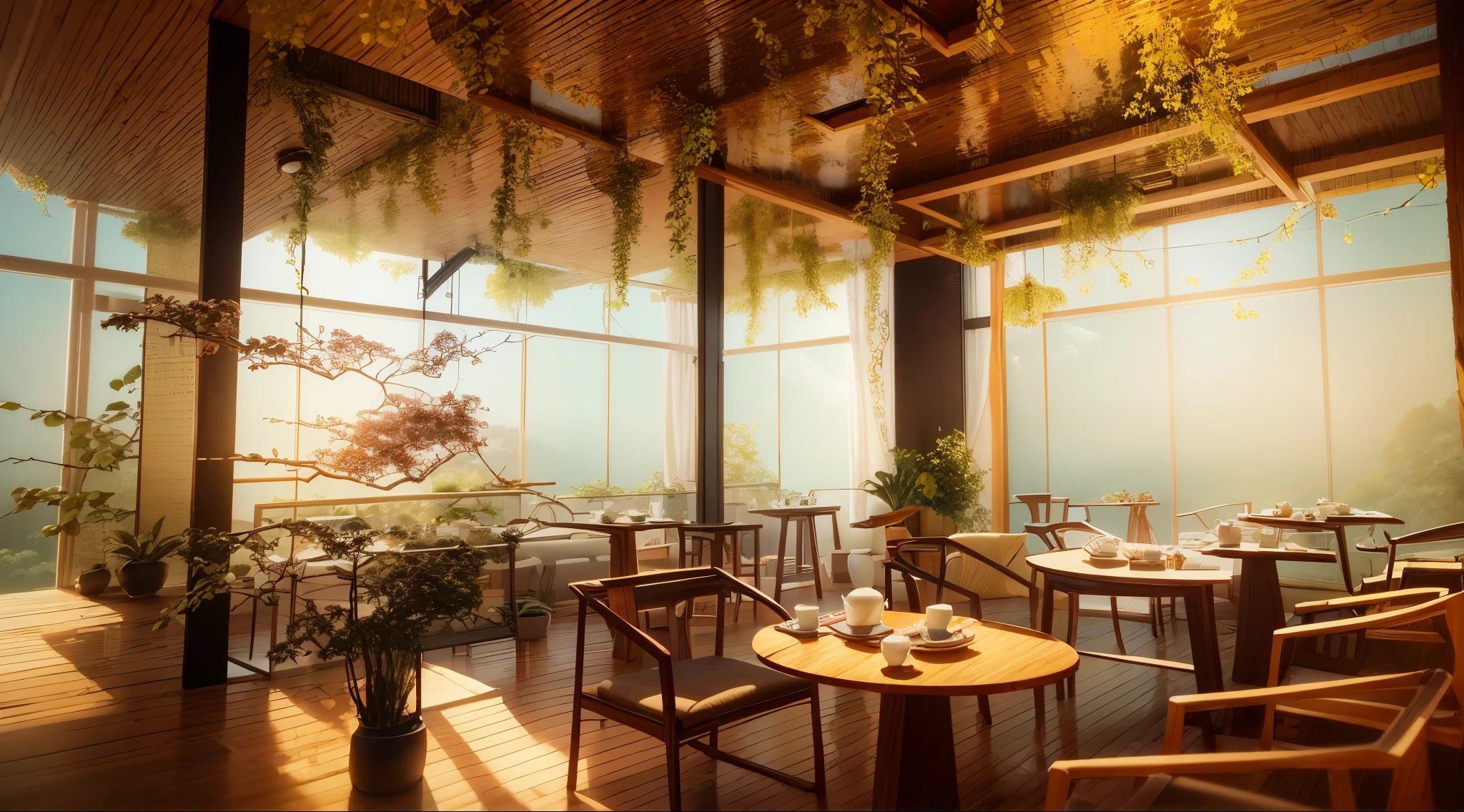 Design Chinese Dining Room Interior Rendering, (Best Quality, High Resolution), (Bright, Vibrant Colors), (Detailed, Realistic), Hanging Flowers and Plants, Transparent Glass Walls, Open Greenery Around the Dining Room Table, ((Chinese Furniture)), (Chinese Furniture), Natural Light, Sunlight, Dead Tree Trunks, Foliage, Flower Arrangements, Warm Tones reminiscent of the diagonal tracking style of V-Ray, Ultra High Definition. Extreme Detail, 3D Rendering, OC Rendering, Best Quality, 4K, Hyper Detection, Unreal Engine 5, Octane Rendering