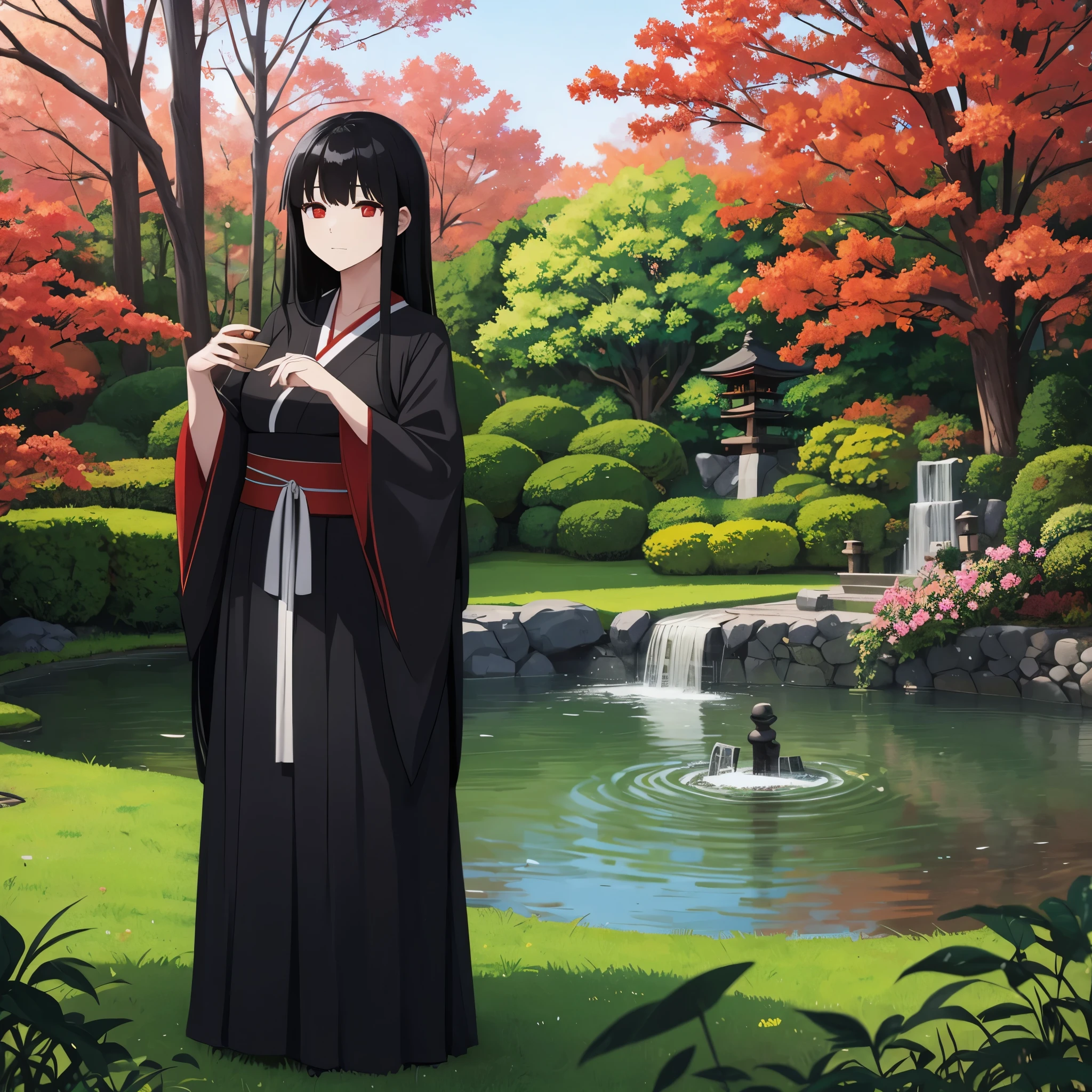 a woman wearing a priestess kimono, long black skirt,  in a Japanese garden, long black hair, red eyes.
