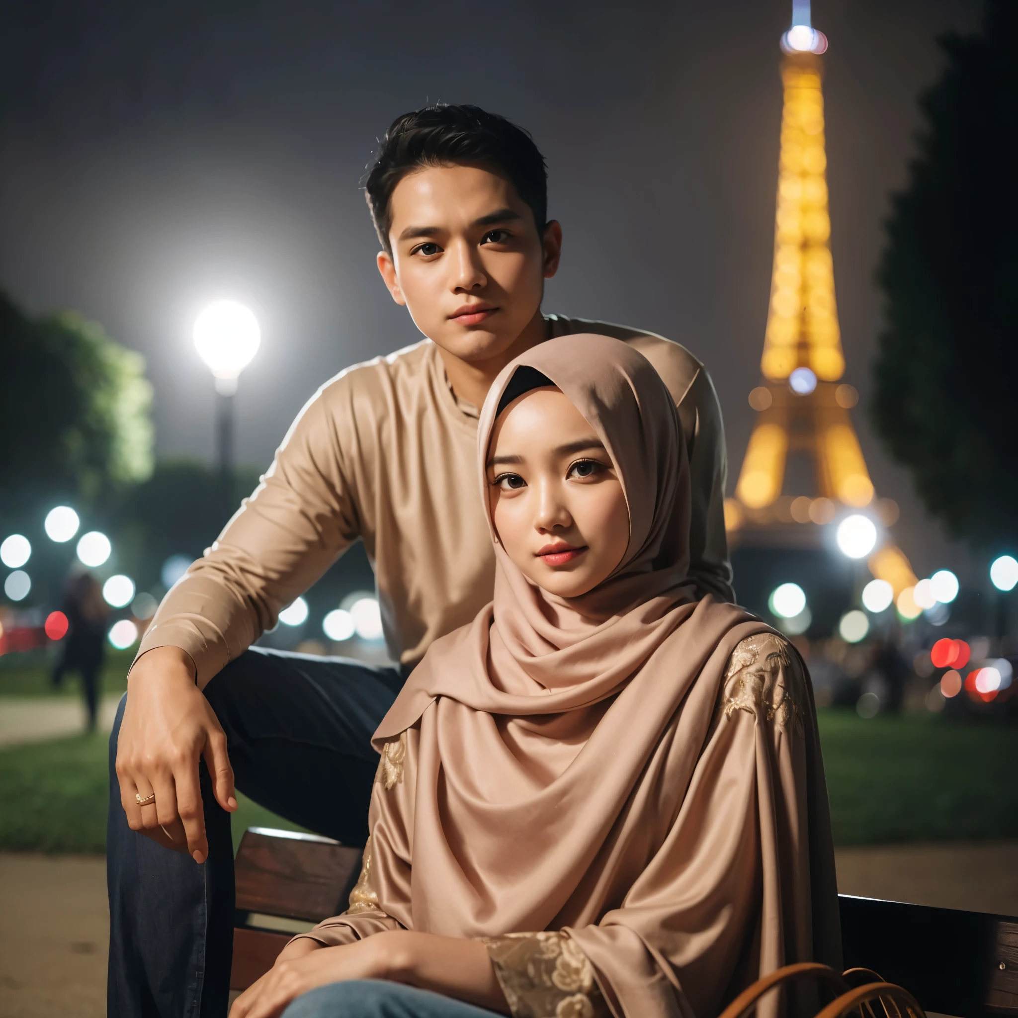 outdoor photo, featuring an Indonesian family portrait with 2 members. a man 35 yo, clean face, a woman 36 yo big body with hijab, sitting on a park bench, night atmosphere, background lights from the Eiffel Tower from a distance, looks blurry, beautiful light, romantic moment, professional photography 