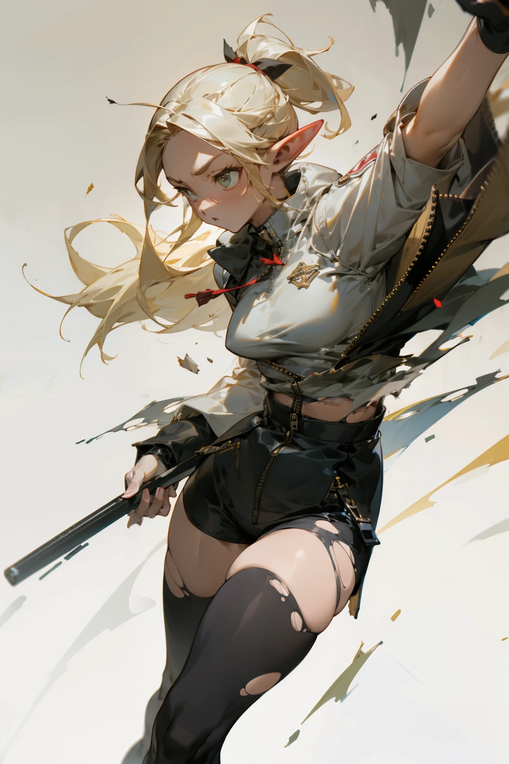pointy ears,Long beige hair,one-girl,Bigboobs,fox ear,Two legs,wearing headphone,Long leather boots,sporty attire,Long strip decoration,Star decoration,High ponytail hairstyle,Torn clothes,Clothes with holes in holes,Torn clothing oozes the skin,Tightness,(Clothes with holes in holes),(middle parted hairstyle),The hair on the sideburns is long,Bandeau,sweat shorts,see-through raincoat,Armed SWAT,short transparent dress,The Car