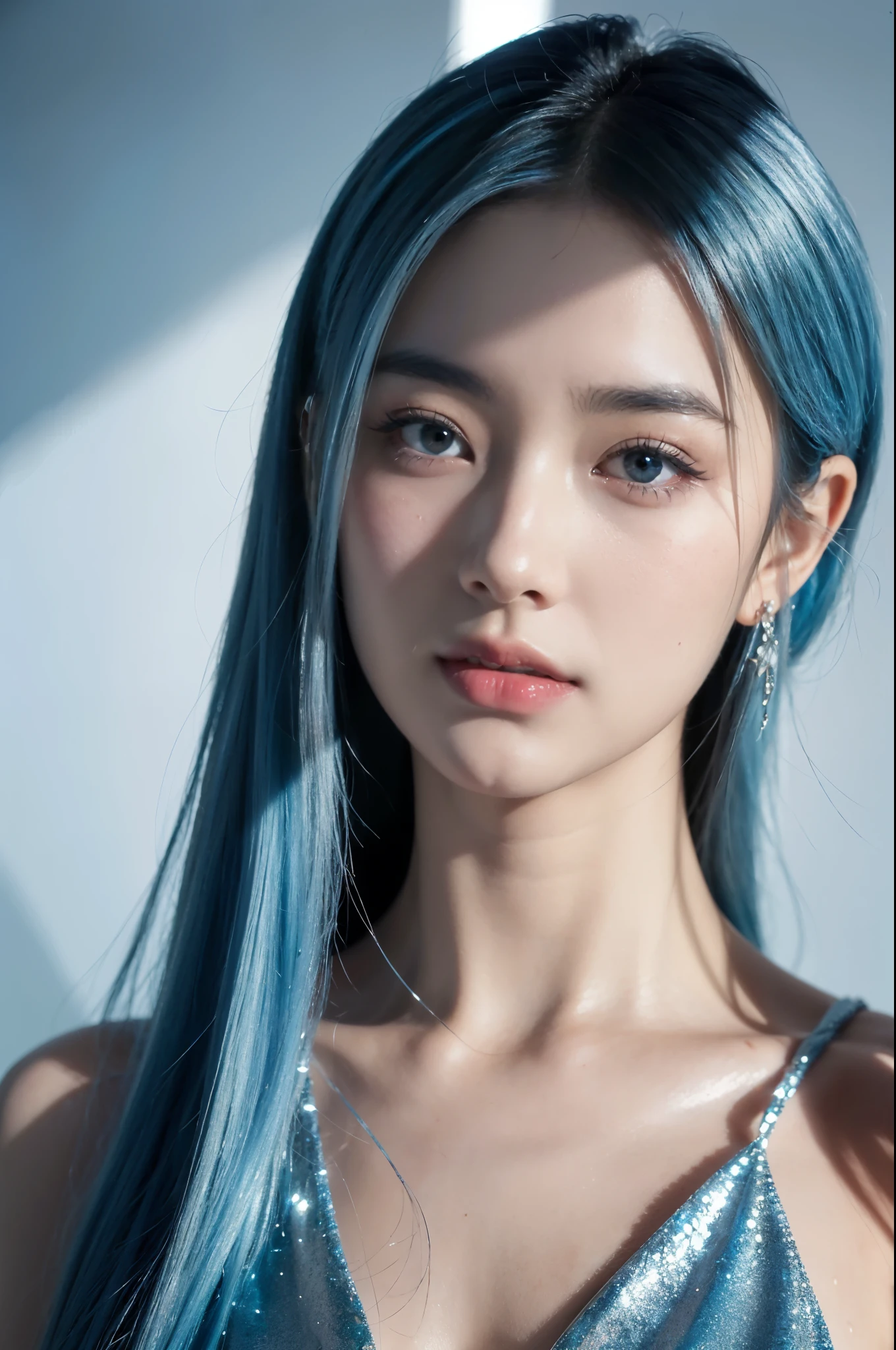 （In 8K, best quality, muste piece:1.2)、ultra high resolution、20-year-old beautiful woman,ultra-detailed face,detailed eyes,long eyelashes,Black eyes,glossy lips,brush,BREAK,silver blue hair,straight hair、long hair,blunt bangs,BREAK, mermaid sheer dress,cinema lighting、Titanic with sea view,Are standing,detailed hand fingers、solo、look back、captivate your audience