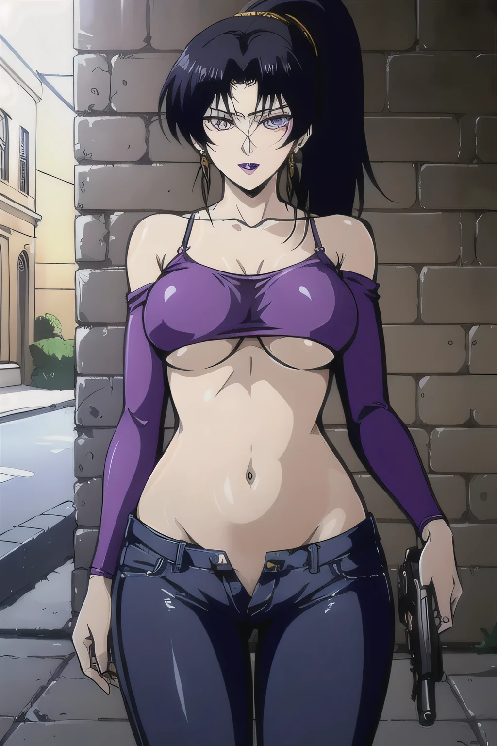Karla,1girl,
ponytail,black hair,purple eyes,purple lips,
masterpiece,high quality,4k, bare shoulder,belly,crop top,outdoor,cleavage,jeans,casual
dress,street,road,smile, open mouth, (nsfw) not safe for work, holding a gun,handgun, evil expression,
exposed belly, exposed navel, exposed midriff, exposed lower belly, crop top overhang, underboob,
unbuttoned jeans , low rise black jeans, Low rise jeans, Low rise jeans with open fly, navel piercing