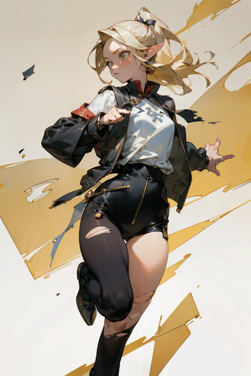 (masterpiece, best quality) detailed, Wearing black tights, silver accessories , zipper unzipped , blonde ,elegant, pointed ears ,Chinese element pattern,thigh,漏出thigh,white shirt,torn clothes