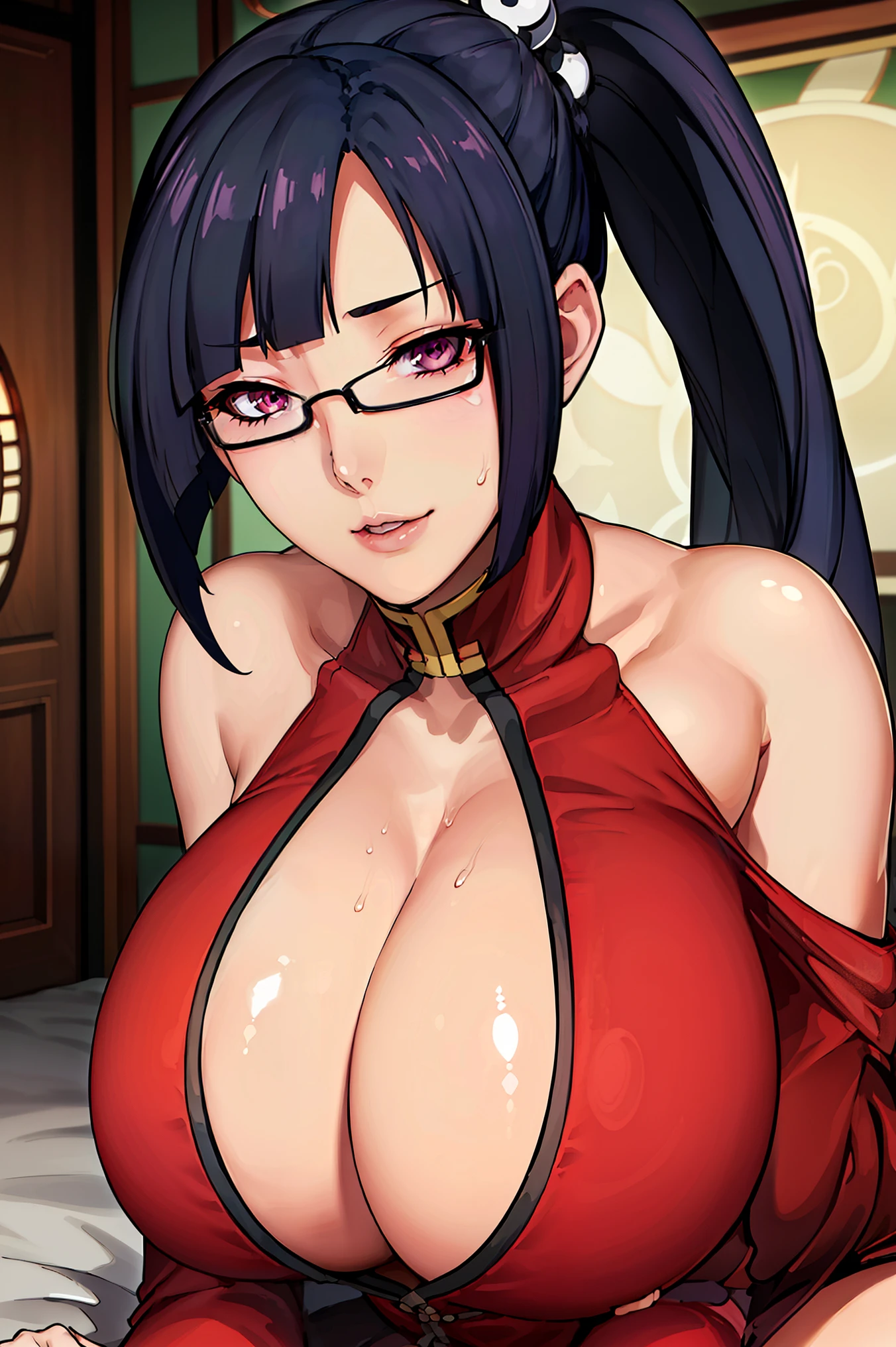 very tempting pose, very seductive pose, sleeping pose, (at chinese bedroom), (chinese bedroom background), Red dress, chinese clothes, cleavage cutout, clothing cutout, bare shoulders, semi-rimless eyewear, black hair, very long hair, ponytail,Bangs,purple eyes, 1 girl, 20yo,Young female,Beautiful Finger,Beautiful long legs,Beautiful body, Beautiful Nose,Beautiful character design, perfect eyes, perfect face,expressive eyes, perfect balance, looking at viewer,(Focus on her face), official art,extremely detailed CG unity 8k wallpaper, perfect lighting,Colorful, Bright_Front_face_Lighting,White skin, (masterpiece:1.0),(best_quality:1.0), ultra high res,4K,ultra-detailed, photography, 8K, HDR, highres, absurdres:1.2, Kodak portra 400, film grain, blurry background, bokeh:1.2, lens flare, (vibrant_color:1.2),professional photograph, (Beautiful,huge_Breasts:1.4), (beautiful_face:1.5),(narrow_waist)