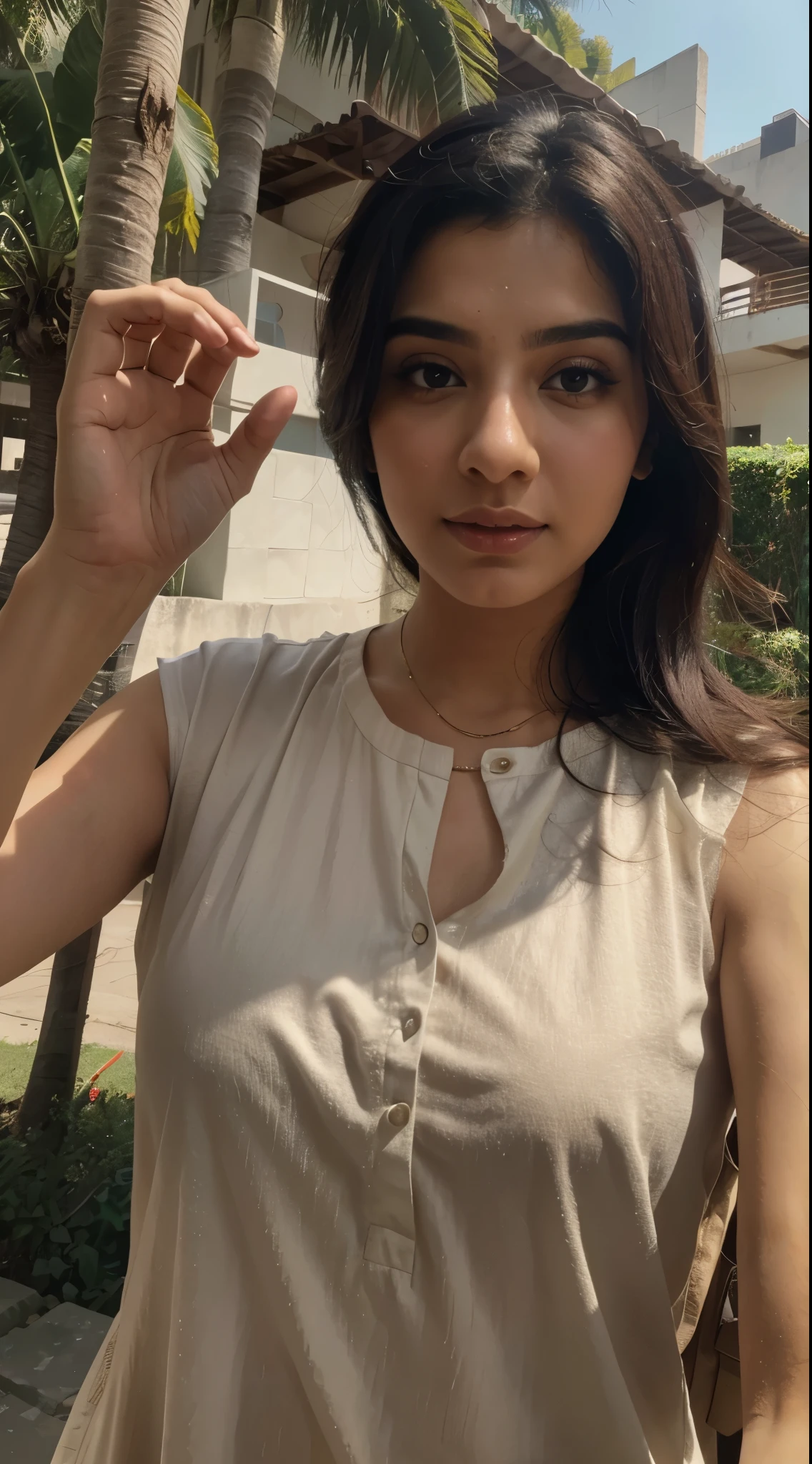 Pakistani actress, pinterest, taking a selfie, Indonesia background, hand hidden, light skin, no hand shown, half body, close up