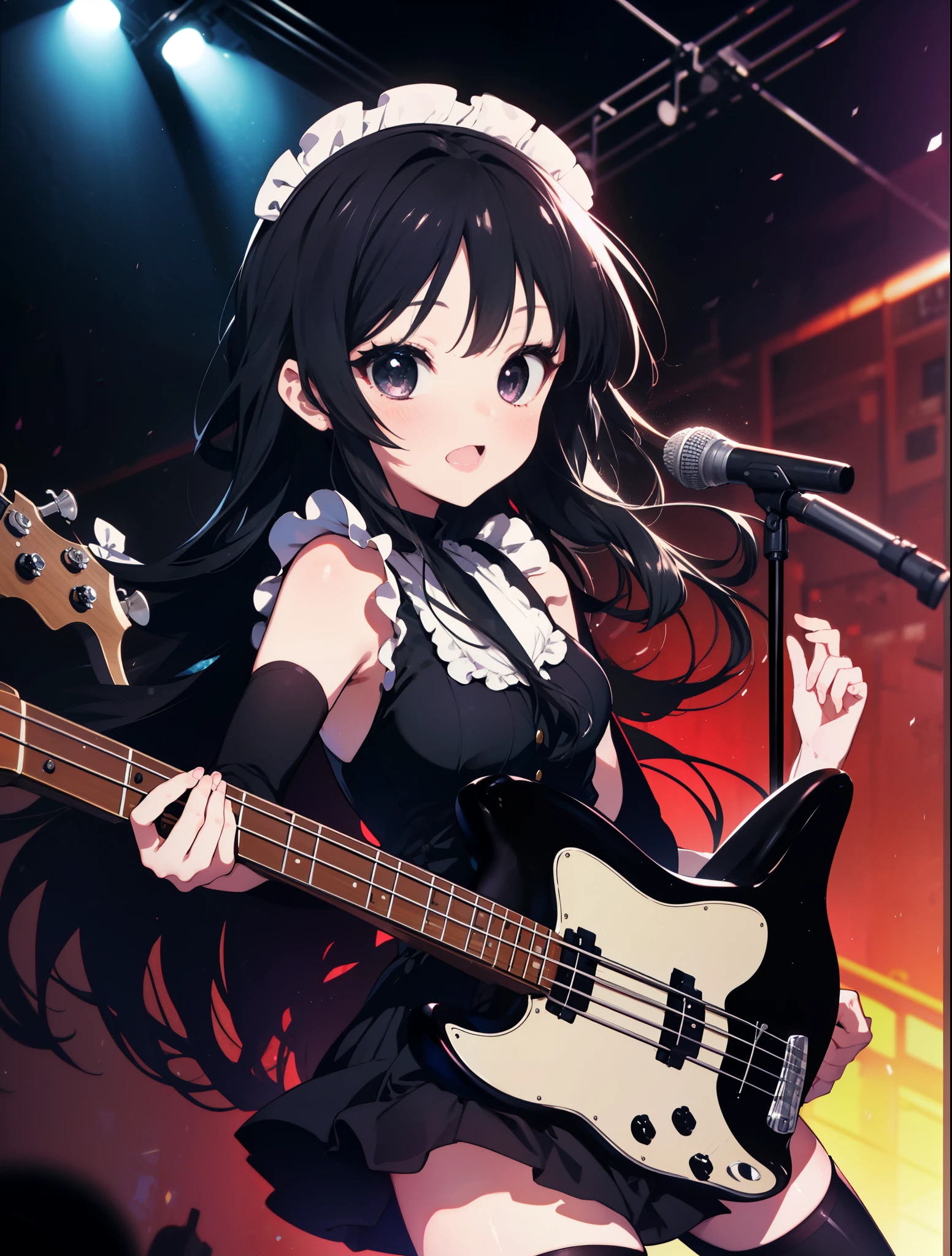 Mount Mimyeon, mio akiyama, (black ruby eye:1.5), black hair, long hair, maid，long skirt，black tights,short boots，left handed base(fender jazz bass)play、rock band concert, musical instrument performance, stageパフォーマンス, hot air,happy atmosphere、Clip Studio、shape of transparency and brightness，close ~ eye、laughter，stage，On stage，break (table top:1.2), highest quality, High resolution, unity 8k wallpaper, (shape:0.8), (beautiful and fine eye:1.6), highly detailed face, perfect lighting, Detailed CG, (perfect hands, perfect anatomy),