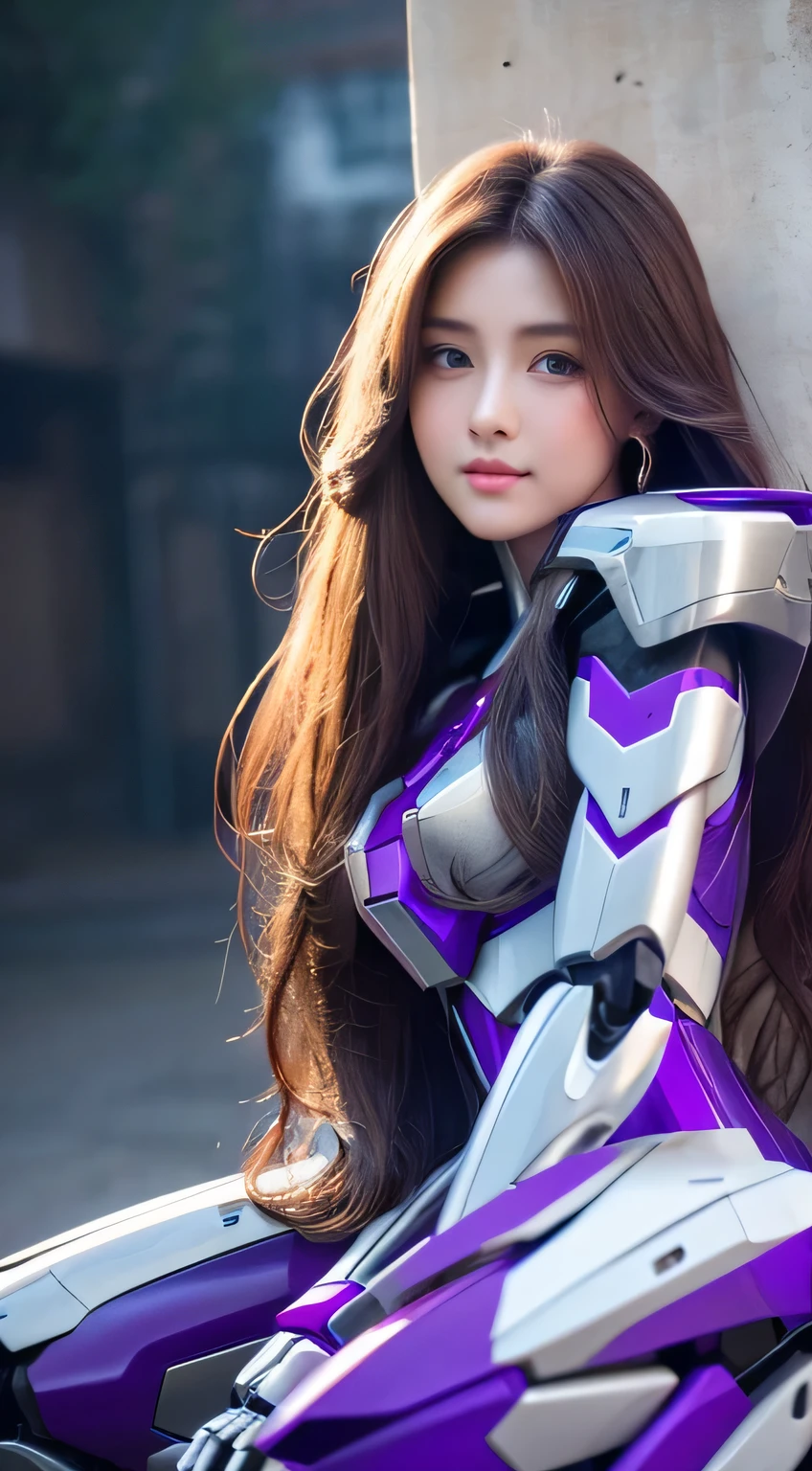 Textured skin, Super Detail, high details, High quality, Best Quality, hight resolution, 1080p, Gorgeous beauty、Girl with Beautiful Mecha Body、(Gundam) Girl with robot body, very very long long hair rapunzel, sit down, Full body, purple.