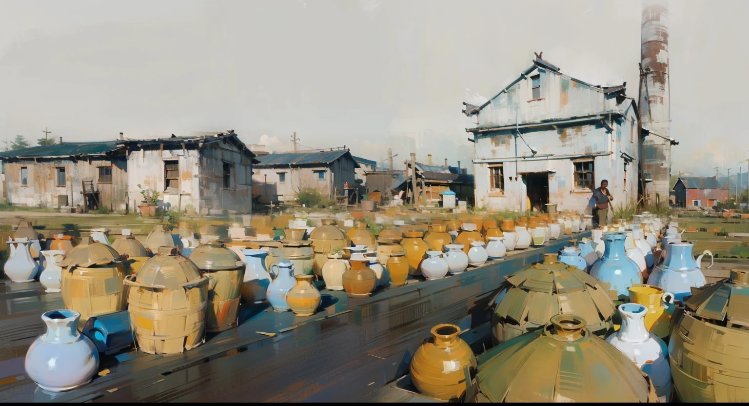 There are many vases in front of the building, Production volume rendering, Rows of old houses in the background of the log pile factory, There are many bamboo baskets on the ground,rattan basket on the ground,Impressionism,oil paint strokes,Sunlight,passers-by,