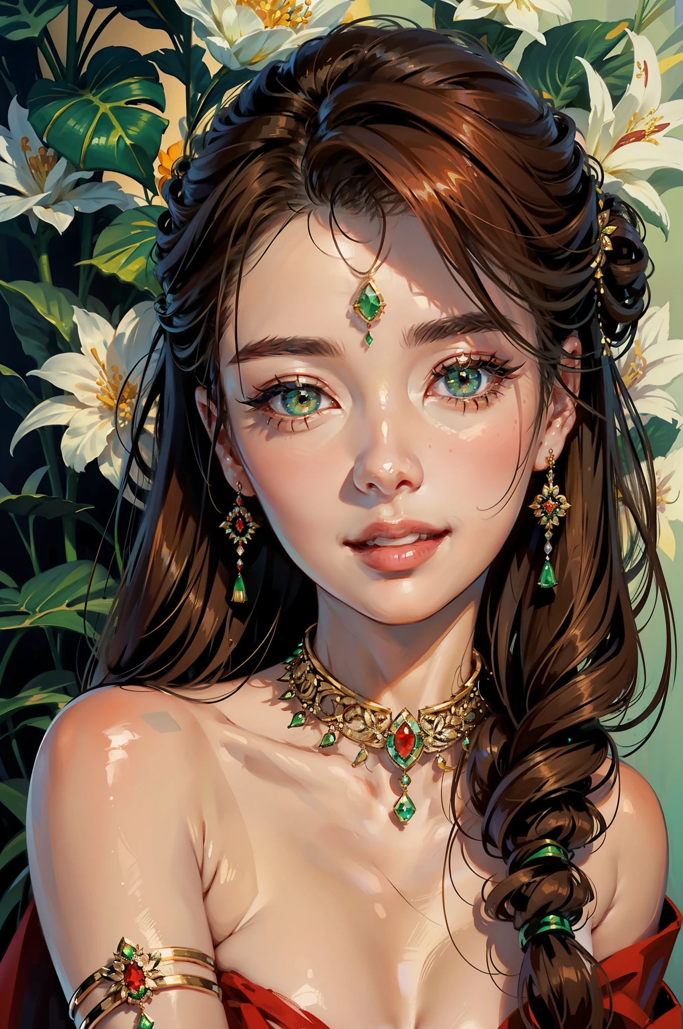 Beautiful mature Asian woman, detailed finger, beautiful hand, hyper realistic, 1 woman, brunette color hair,neatly tied updo hair,emerald green eyes, Super detailed face, Detailed lips, Detailed eyes, Single Eyelids, diamond earrings, chocker, bracelet, Red lips, smile, extravagant jewellery