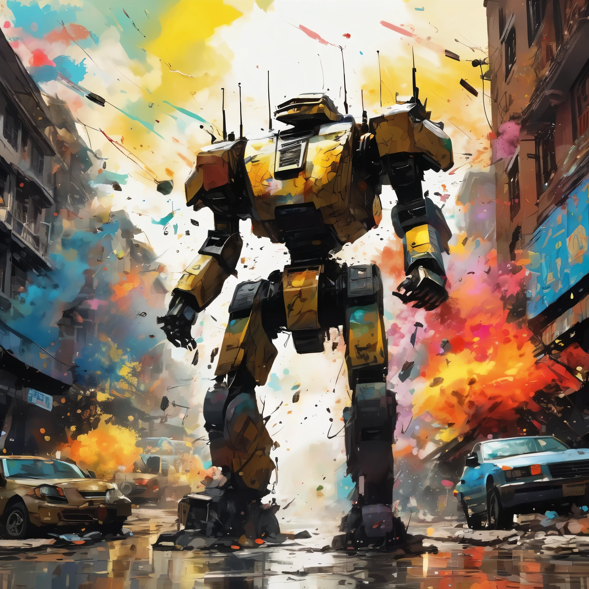 (best quality,4k,highres), (realistic:1.37), ultra-detailed, (professional), (vivid colors), (bokeh), vintage paper texture, Wu Guanzhong's art style, dynamic brush strokes, intense battle scene, intricate details, power-packed punches and kicks, towering buildings crumbling, vibrant explosions, energy bolts and beams, sparks and smoke, dramatic lighting, intense facial expressions, determined robot pilot, menacing alien beast, epic struggle of good vs evil, frenetic action, deep perspectives, attention to anatomy and proportions