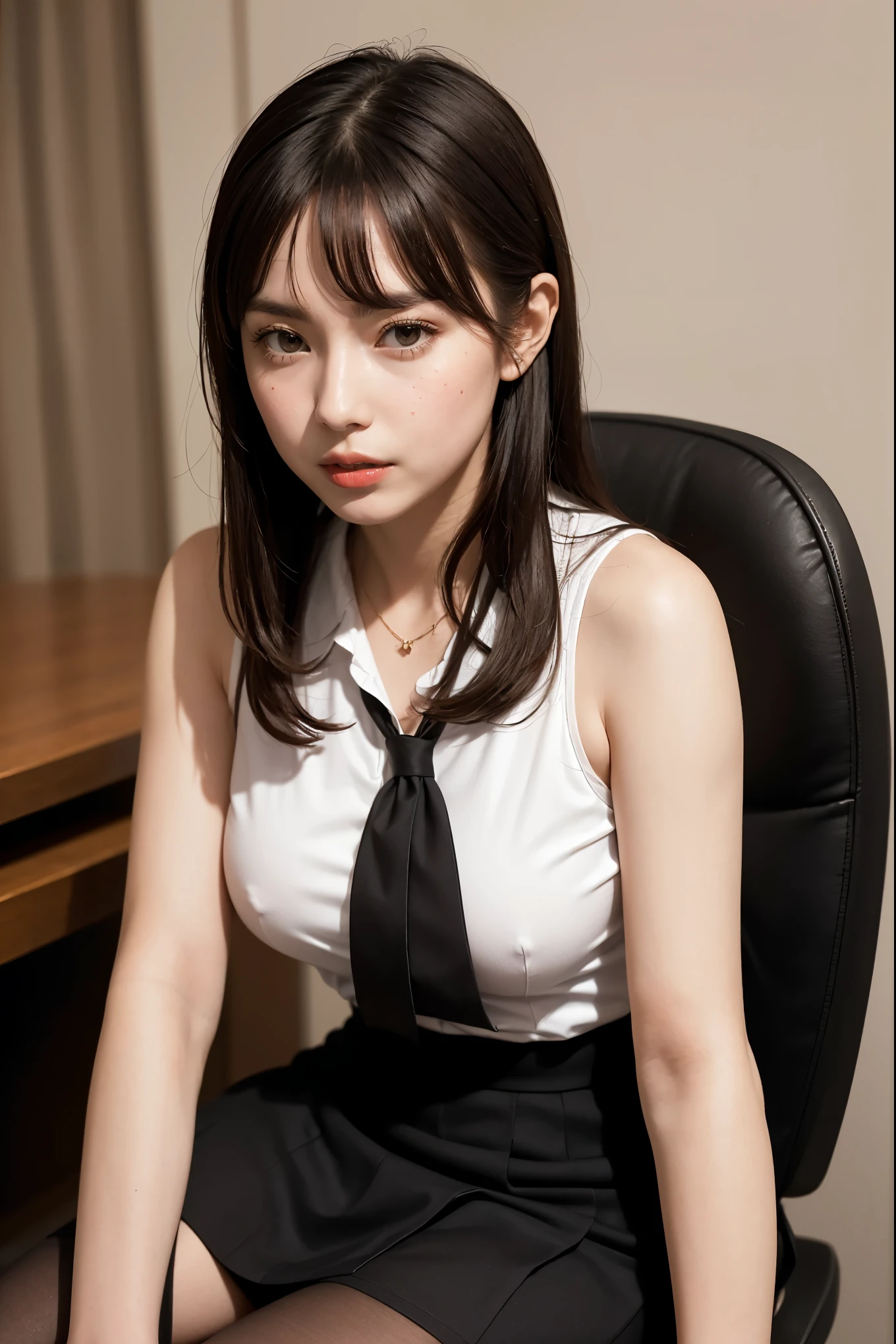 Classy upper class elite secretary wearing business shirt, sit on a chair and work in the office、厳格なbusiness suitを着て, (wearing pantyhose)、(medium hair、brown hair、bangs)、crossed legs, wear luxury high heels、 (stockings and skirt), girl wearing a tank top, business suitを着ている, business suitを着ている, business suitを着て, Businessman, business clothes, 黒のbusiness suitを着ている, Wear a tank top and skirt, business suitを着た女性, business suit, business clothes装, RAW photo, (8k、highest quality、masterpiece:1.2)、(intricate details:1.4)、(Photoreal:1.4)、octane rendering、Ultra-detailed complex 3D renderings, soft light in the studio, rim light, vivid details, super detail, realistic skin texture, details face, beautiful detailed eyes, Highly detailed CG Unity 16k wallpaper, compensate, (detailed background:1.2), exposed thighs!!!,